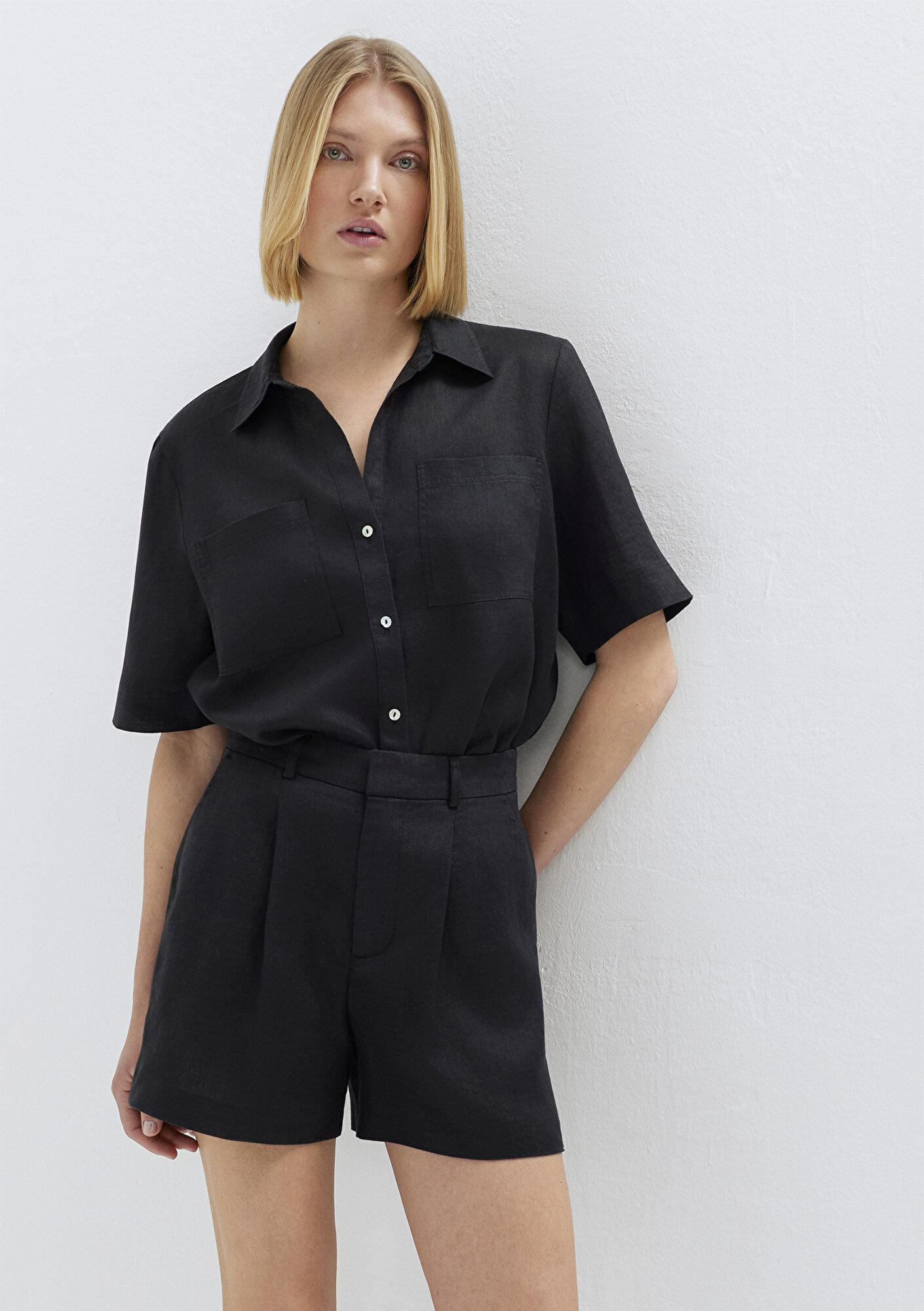 Mavi Cepli Siyah Keten Gömlek Slim Fit / Dar Kesim 1211466-900