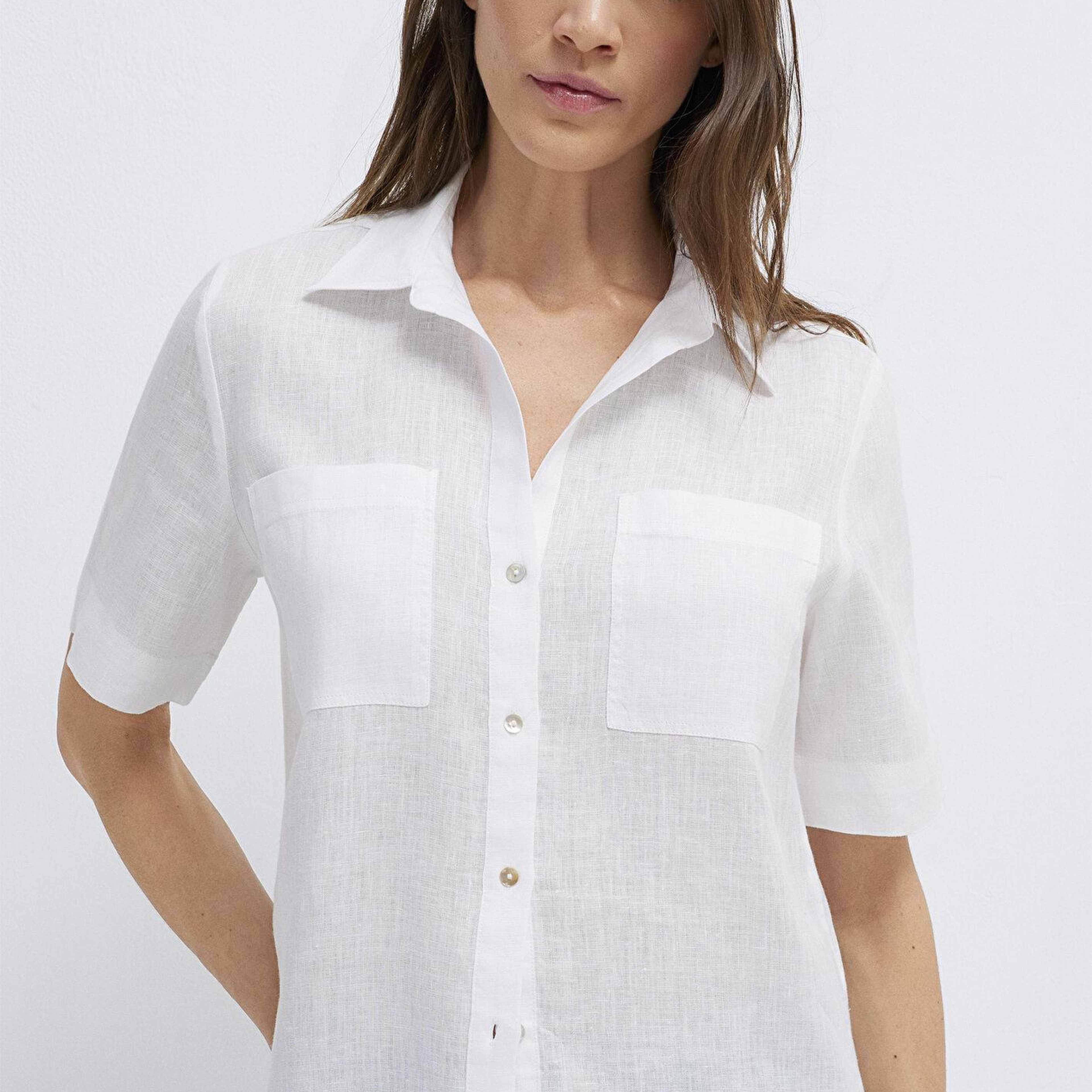 Mavi Cepli Beyaz Keten Gömlek Slim Fit / Dar Kesim 1211466-620