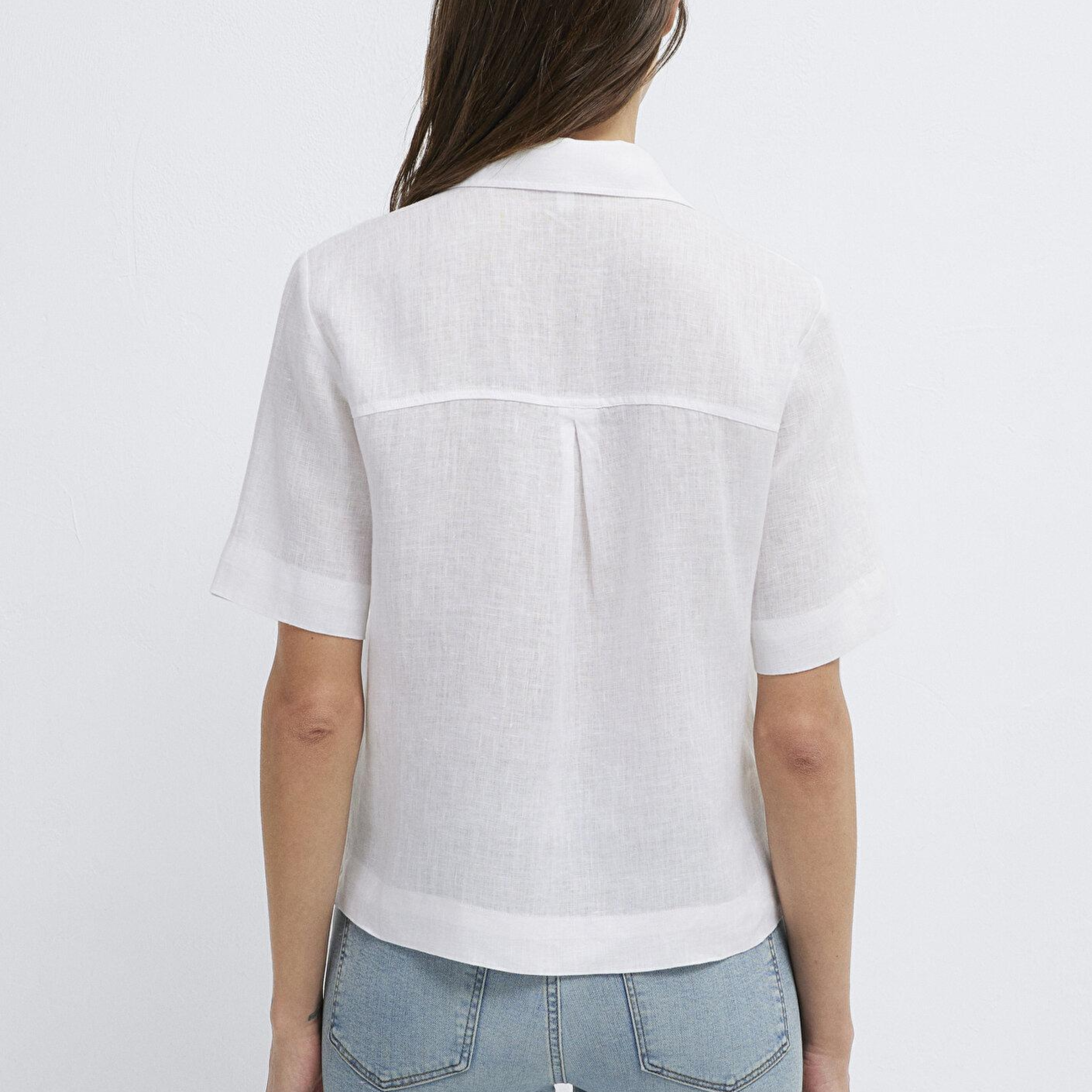 Mavi Cepli Beyaz Keten Gömlek Slim Fit / Dar Kesim 1211466-620