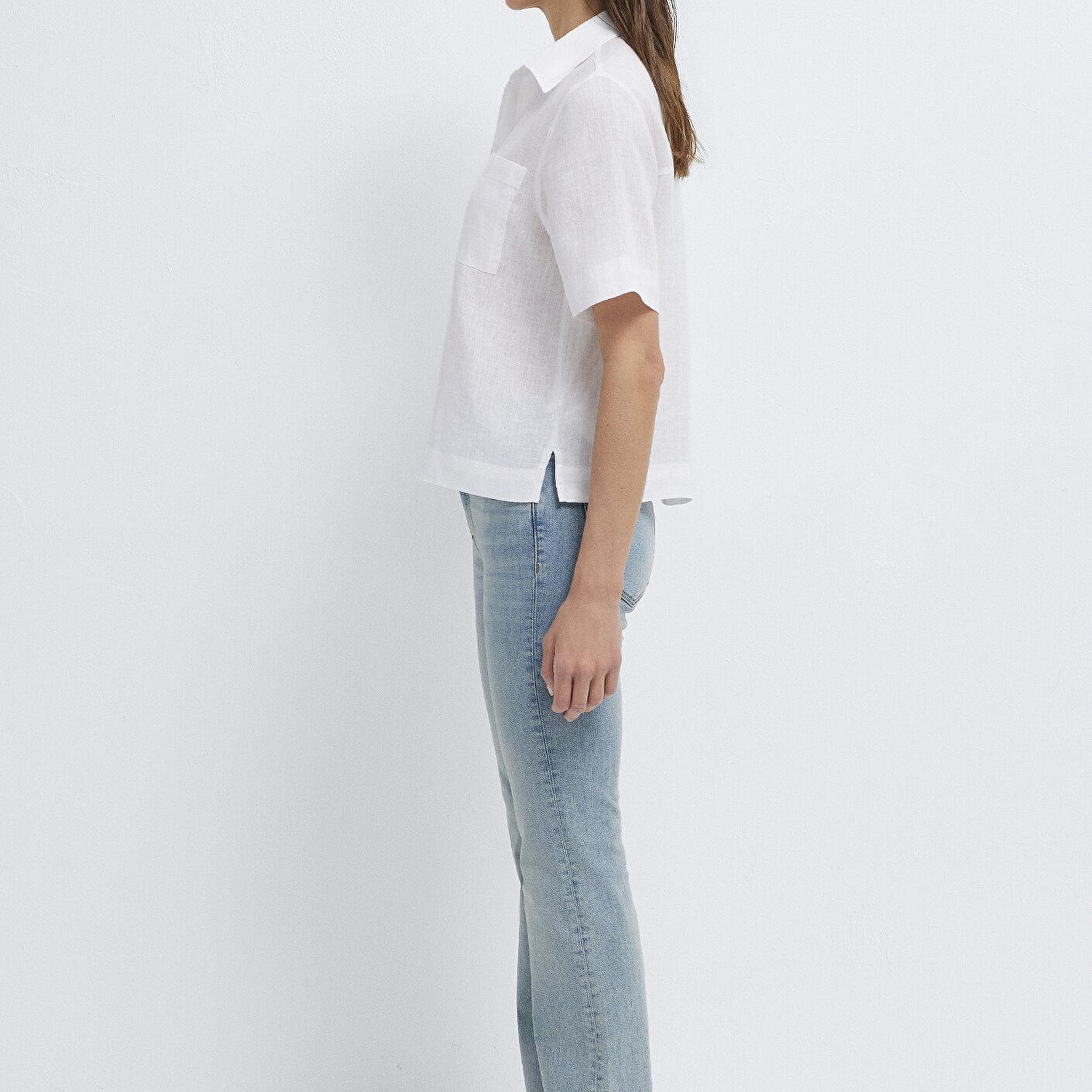Mavi Cepli Beyaz Keten Gömlek Slim Fit / Dar Kesim 1211466-620