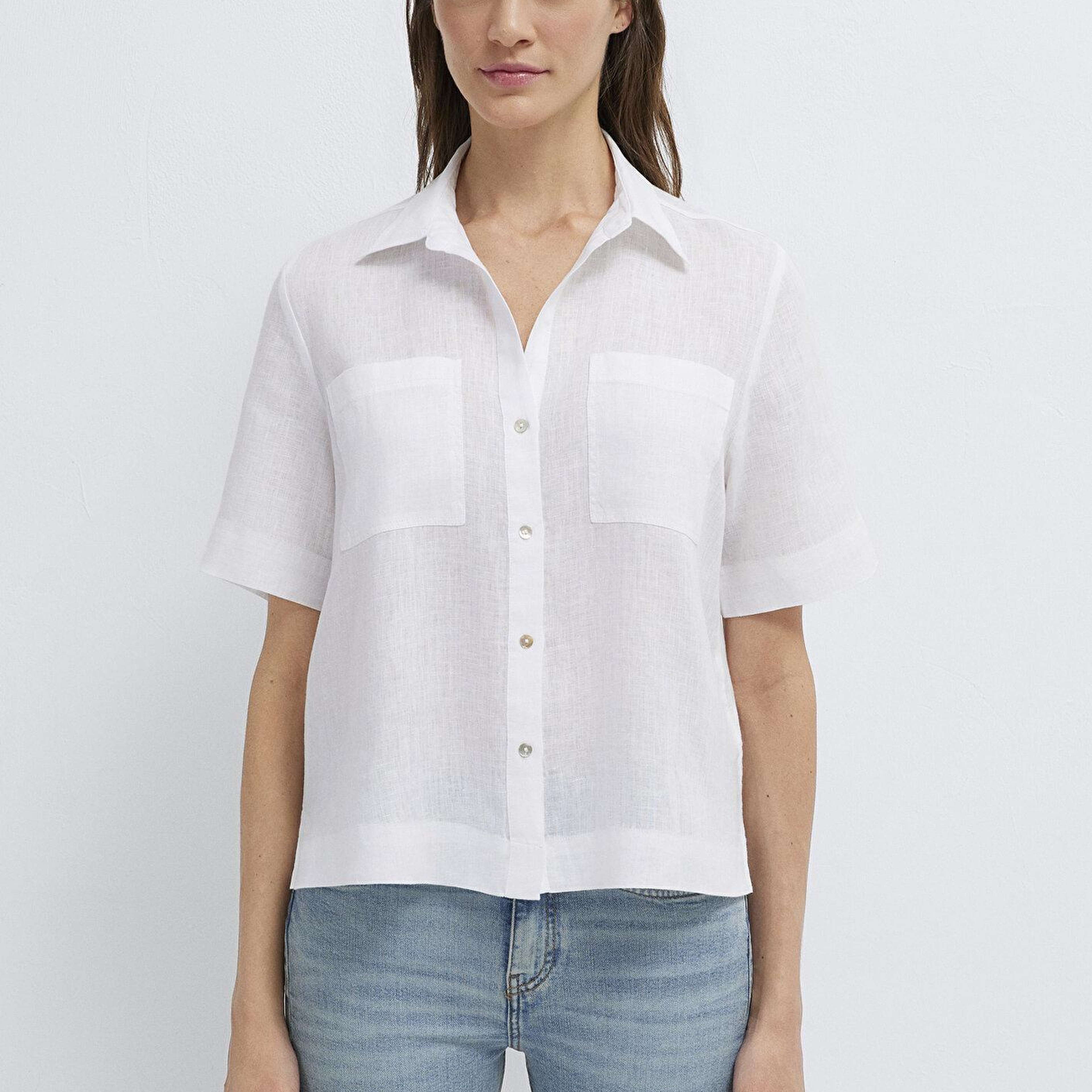 Mavi Cepli Beyaz Keten Gömlek Slim Fit / Dar Kesim 1211466-620