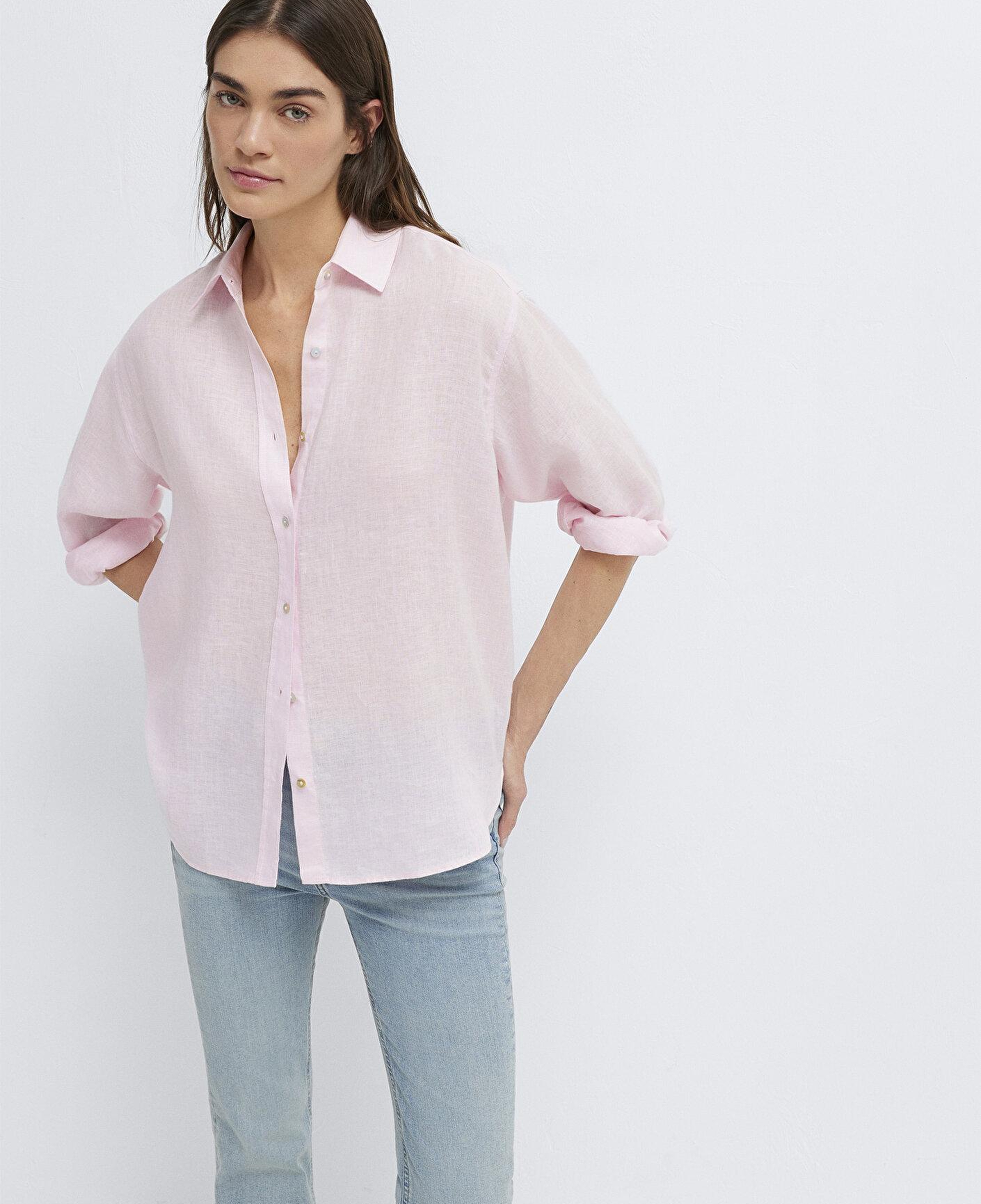 Mavi Pembe Keten Gömlek Loose Fit / Bol Rahat Kesim 1210747-90773
