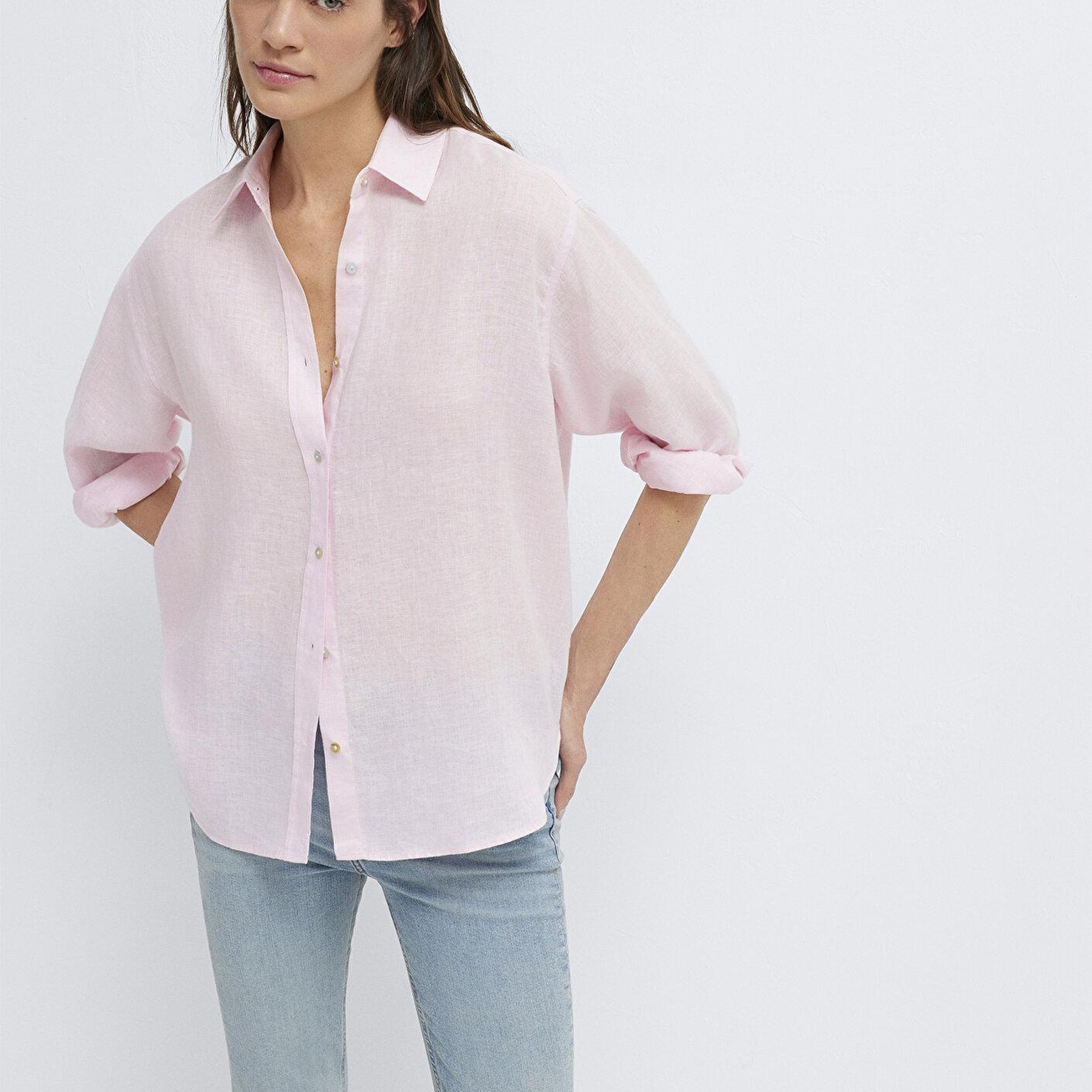 Mavi Pembe Keten Gömlek Loose Fit / Bol Rahat Kesim 1210747-90773