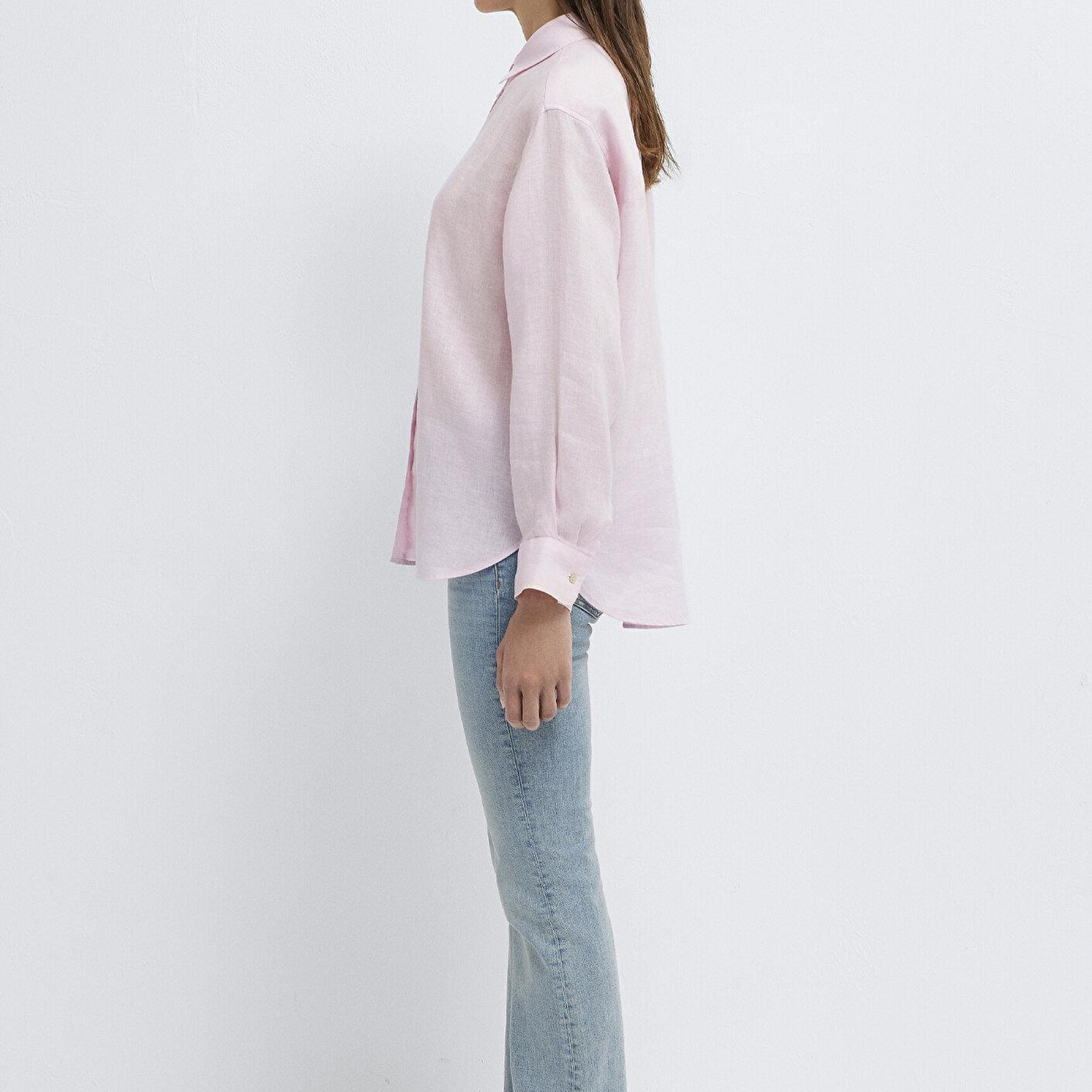 Mavi Pembe Keten Gömlek Loose Fit / Bol Rahat Kesim 1210747-90773