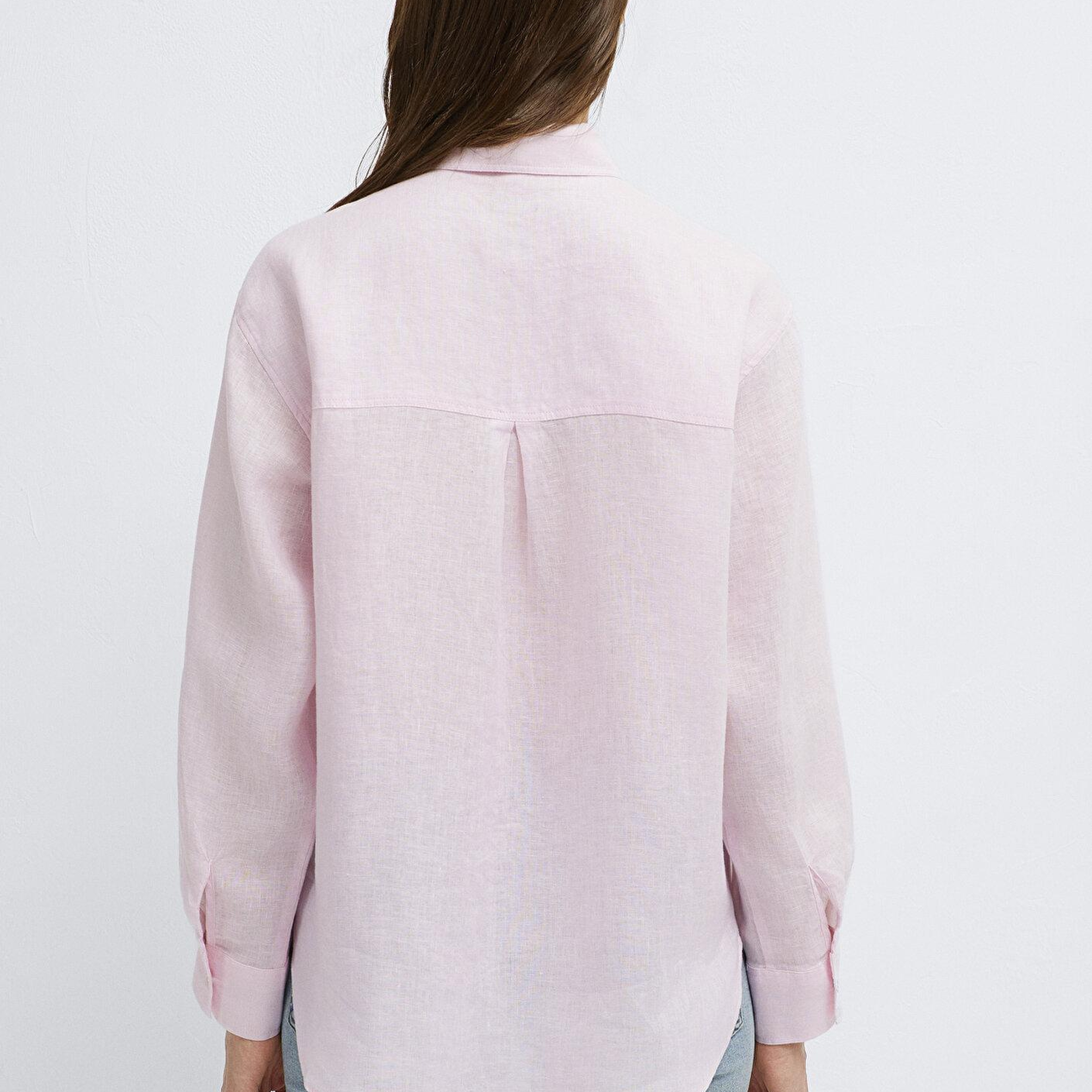 Mavi Pembe Keten Gömlek Loose Fit / Bol Rahat Kesim 1210747-90773