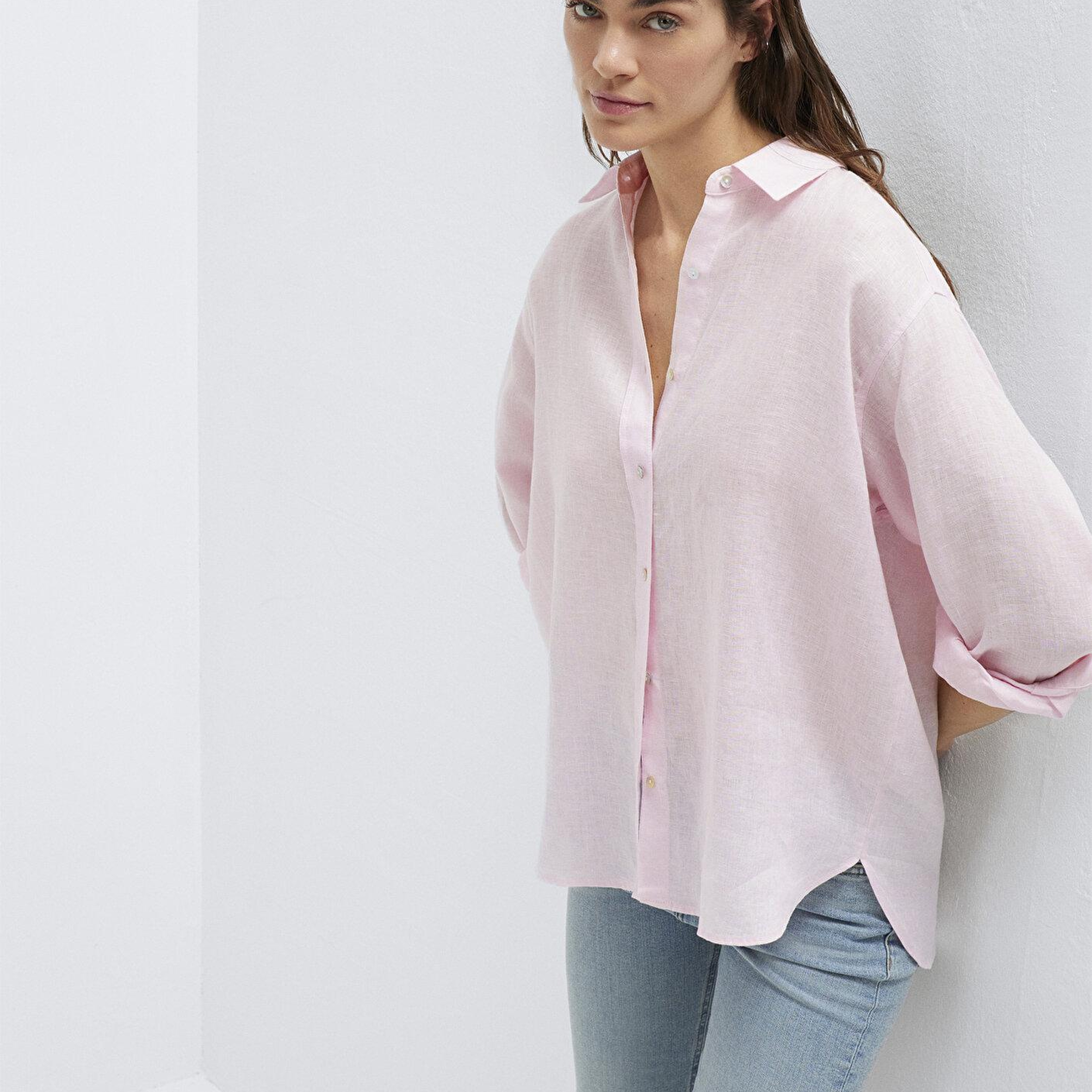Mavi Pembe Keten Gömlek Loose Fit / Bol Rahat Kesim 1210747-90773