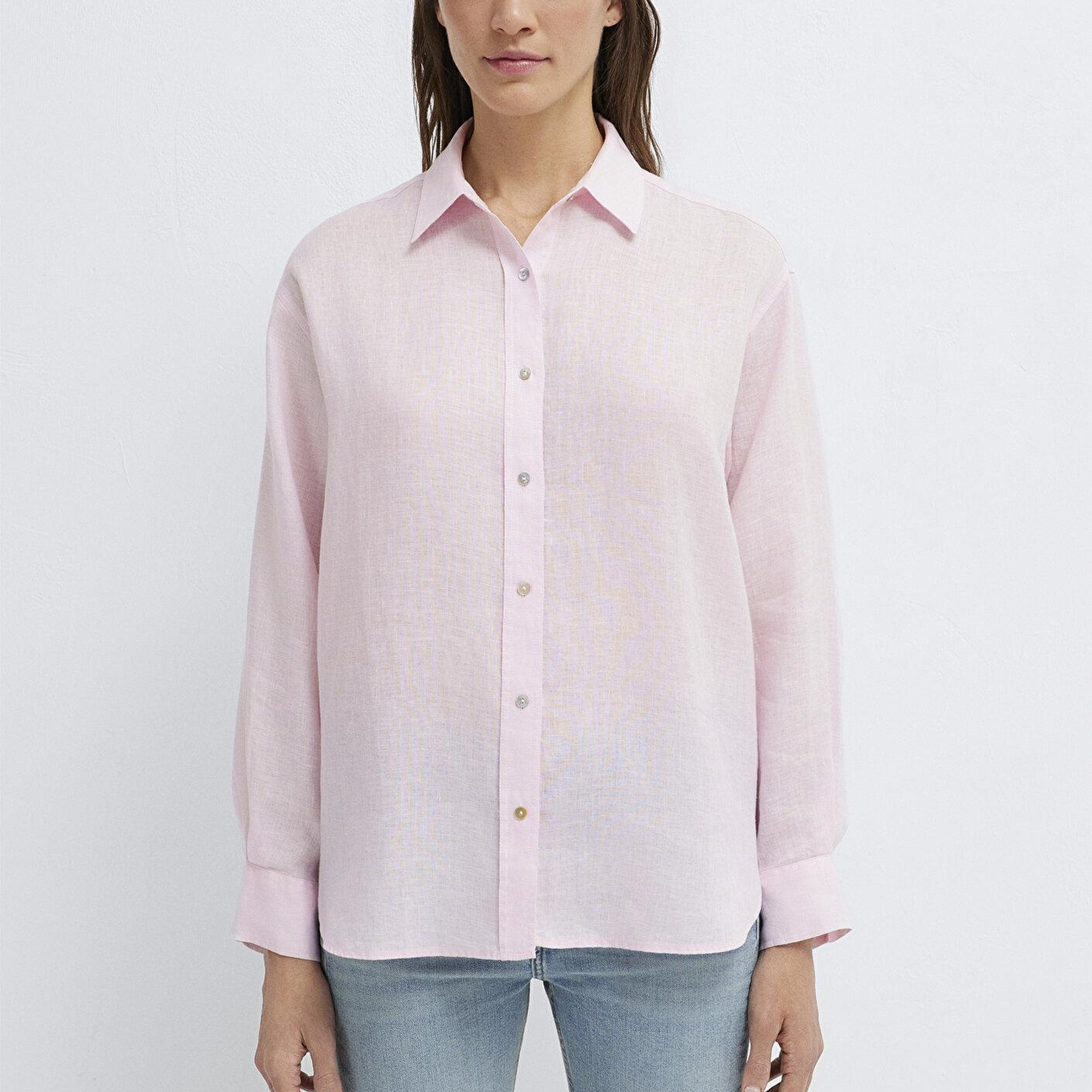 Mavi Pembe Keten Gömlek Loose Fit / Bol Rahat Kesim 1210747-90773
