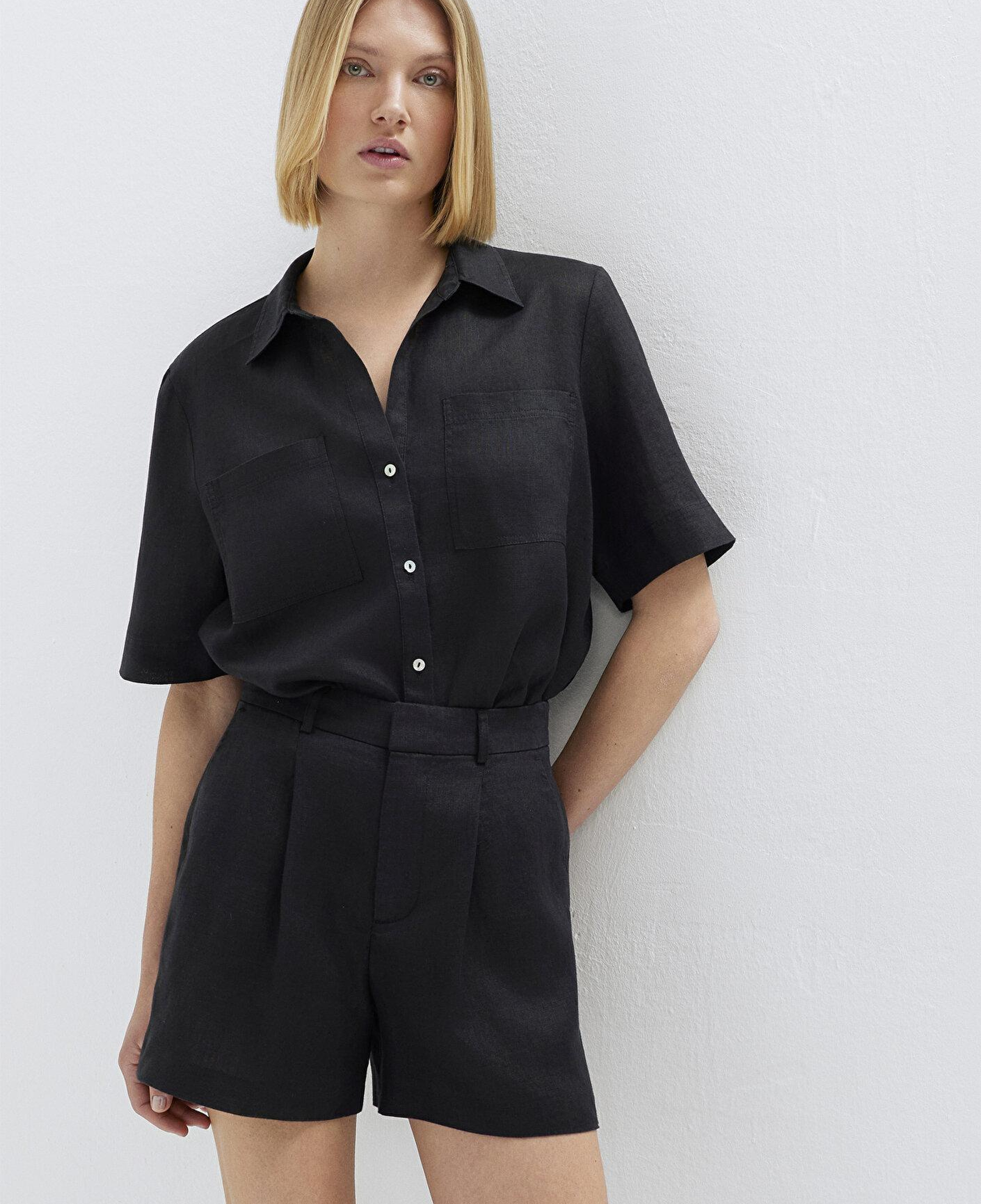 Mavi Cepli Siyah Keten Gömlek Slim Fit / Dar Kesim 1211466-900