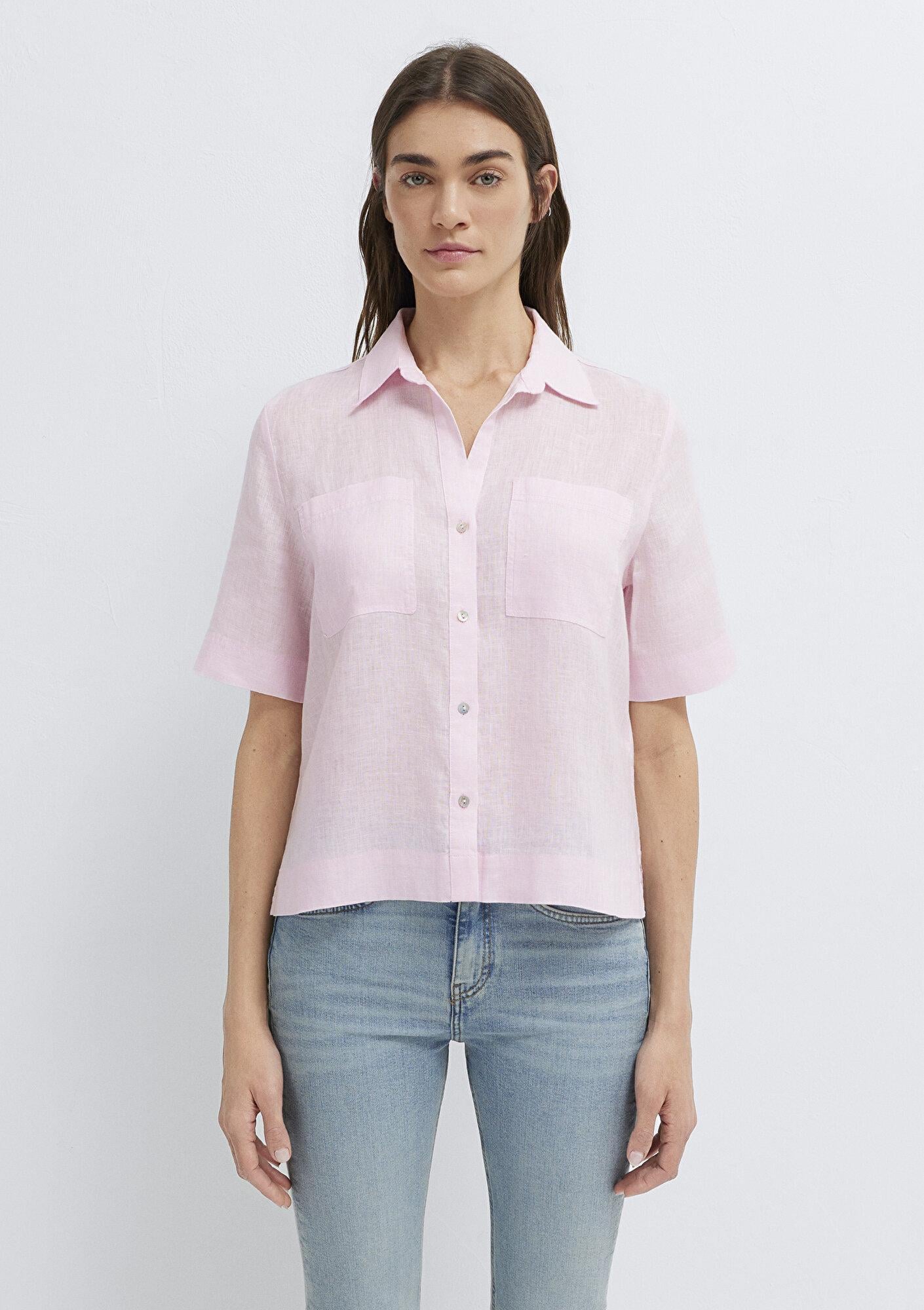 Mavi Cepli Pembe Keten Gömlek Slim Fit / Dar Kesim 1211466-90773