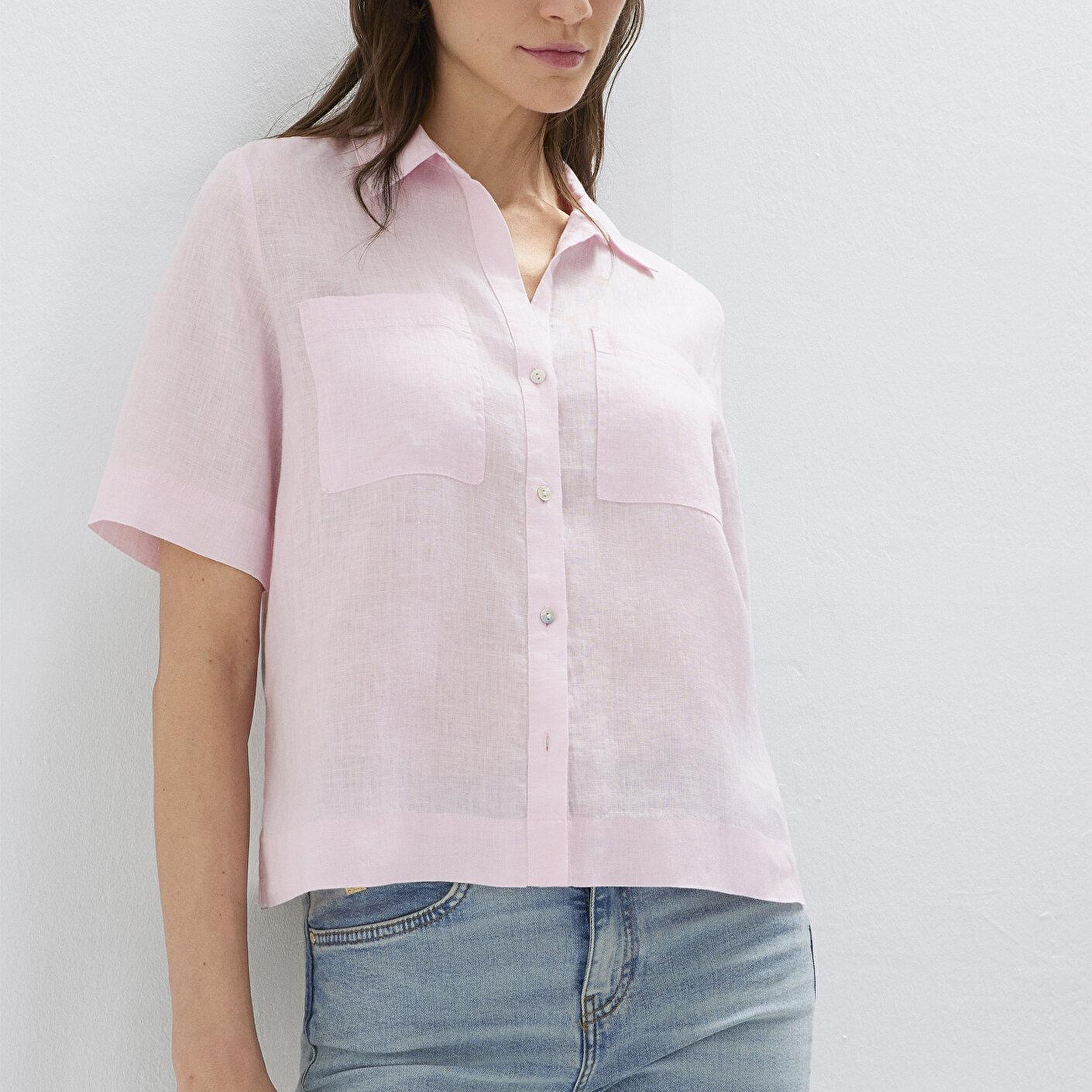 Mavi Cepli Pembe Keten Gömlek Slim Fit / Dar Kesim 1211466-90773