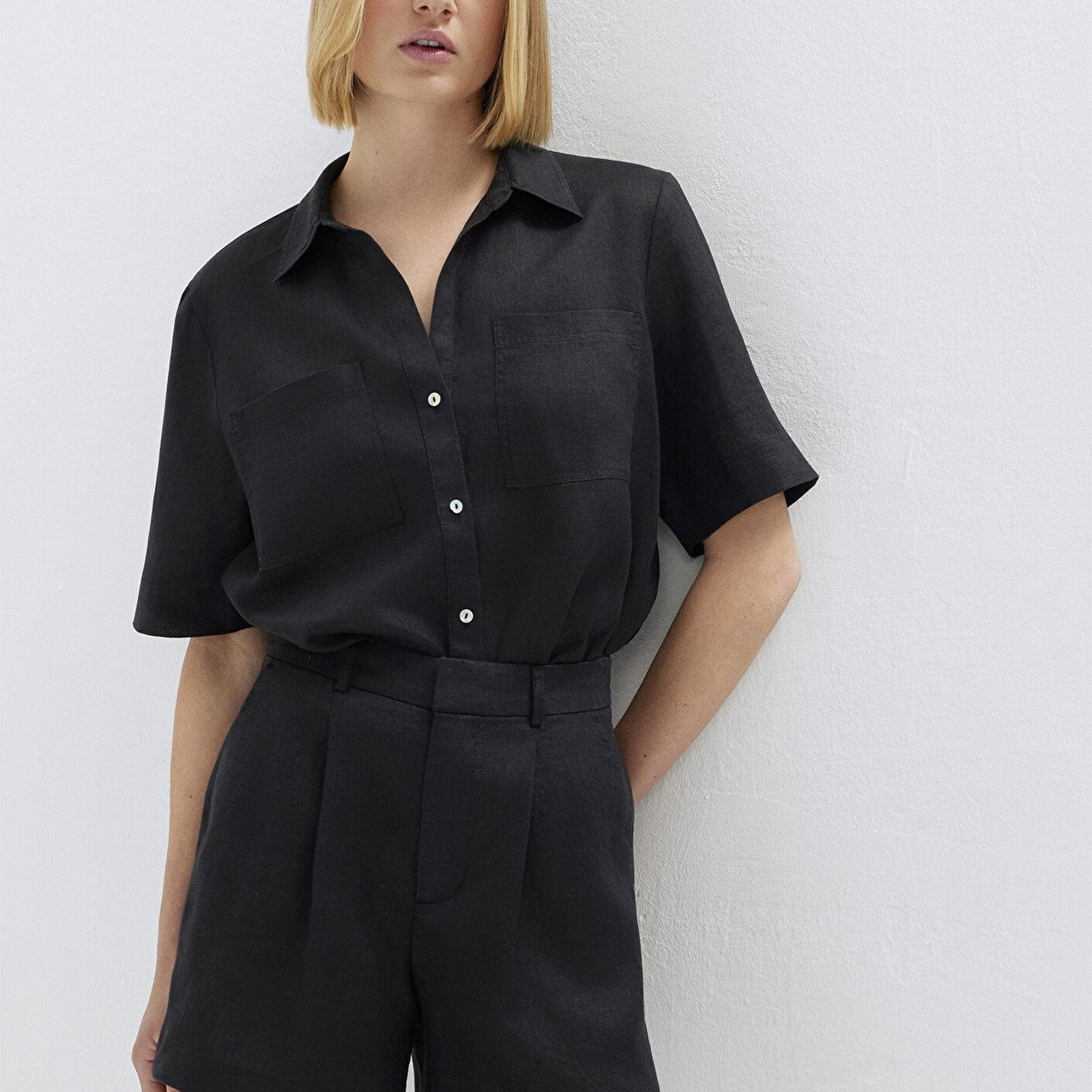 Mavi Cepli Siyah Keten Gömlek Slim Fit / Dar Kesim 1211466-900