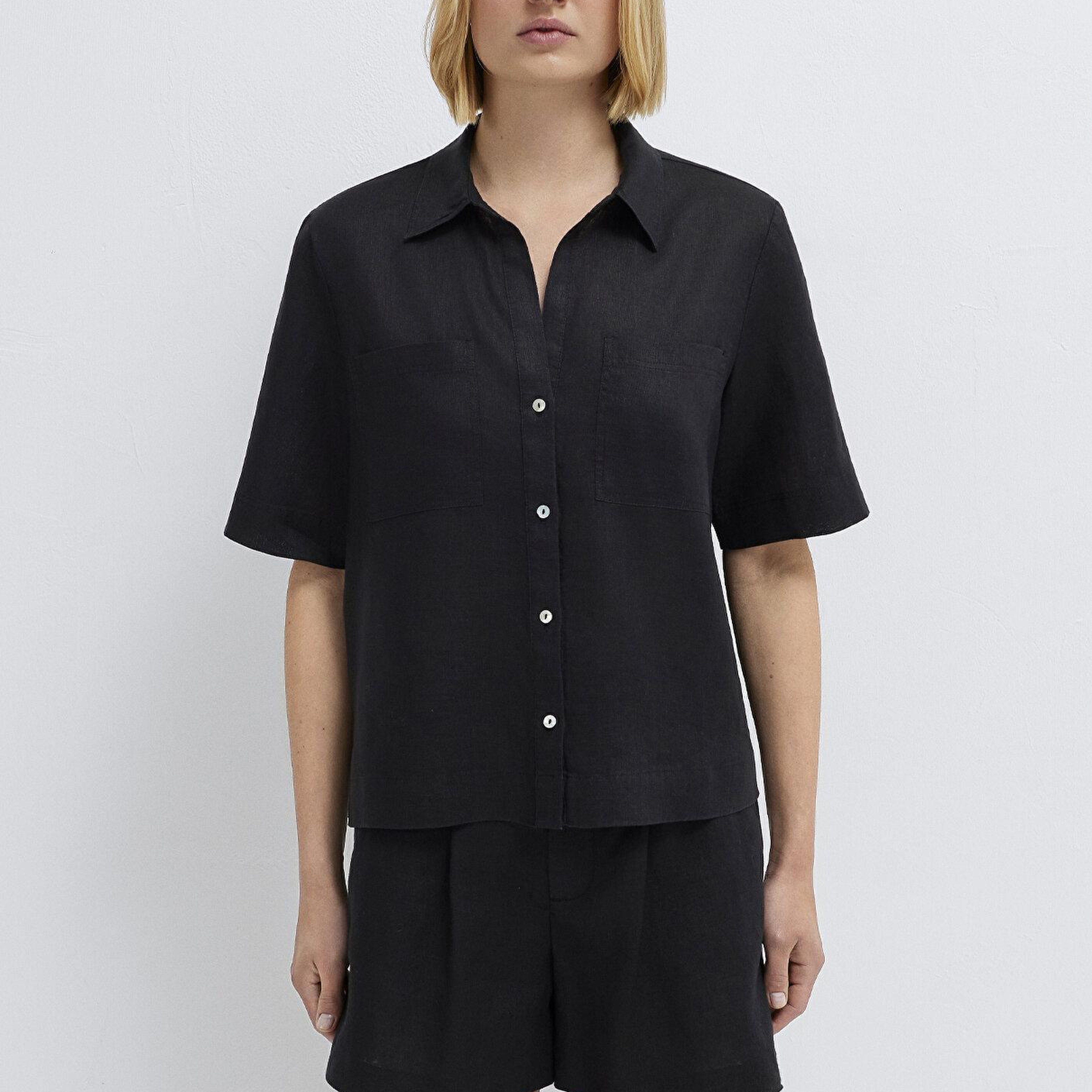Mavi Cepli Siyah Keten Gömlek Slim Fit / Dar Kesim 1211466-900