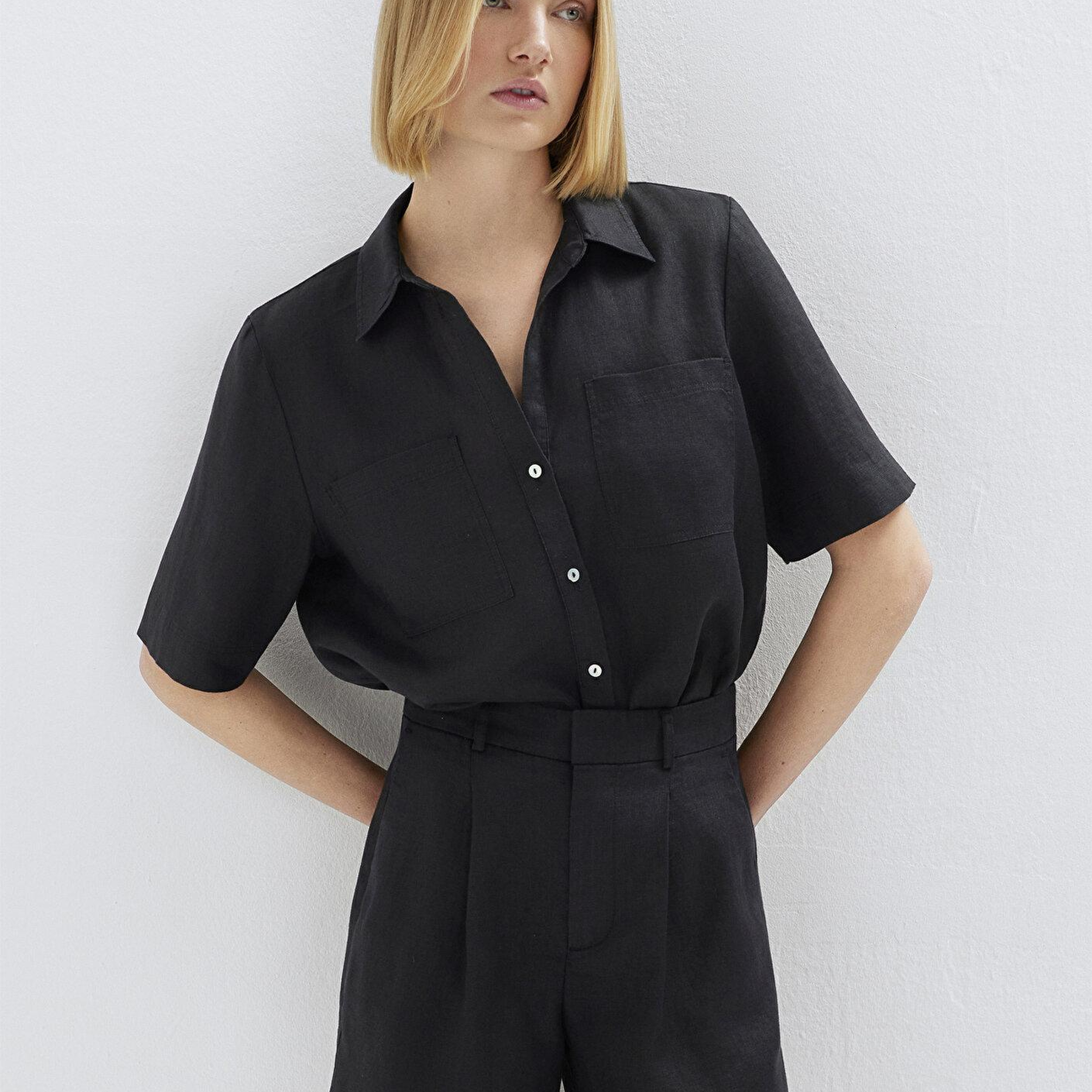 Mavi Cepli Siyah Keten Gömlek Slim Fit / Dar Kesim 1211466-900