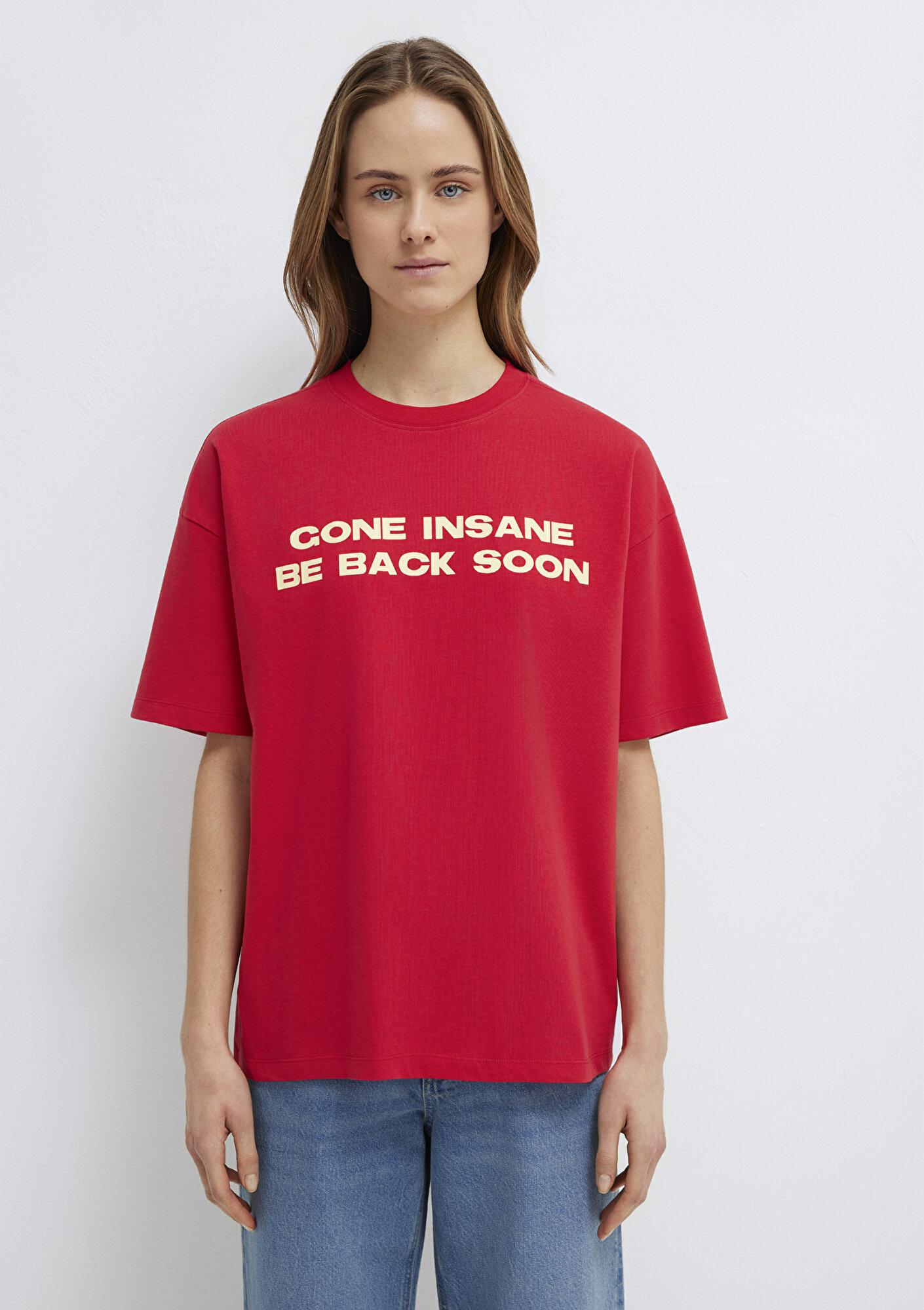 Mavi Slogan Baskılı Kırmızı Tişört Loose Fit / Bol Rahat Kesim 1614000-80791
