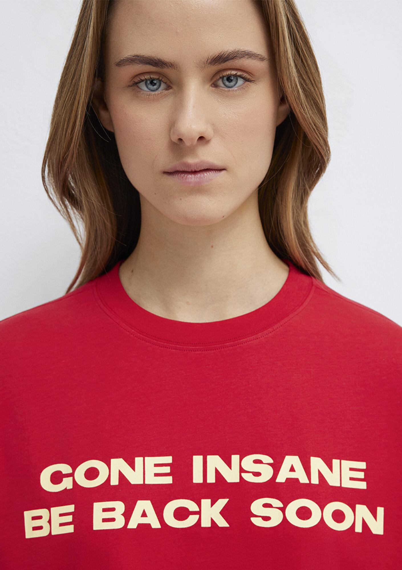 Mavi Slogan Baskılı Kırmızı Tişört Loose Fit / Bol Rahat Kesim 1614000-80791