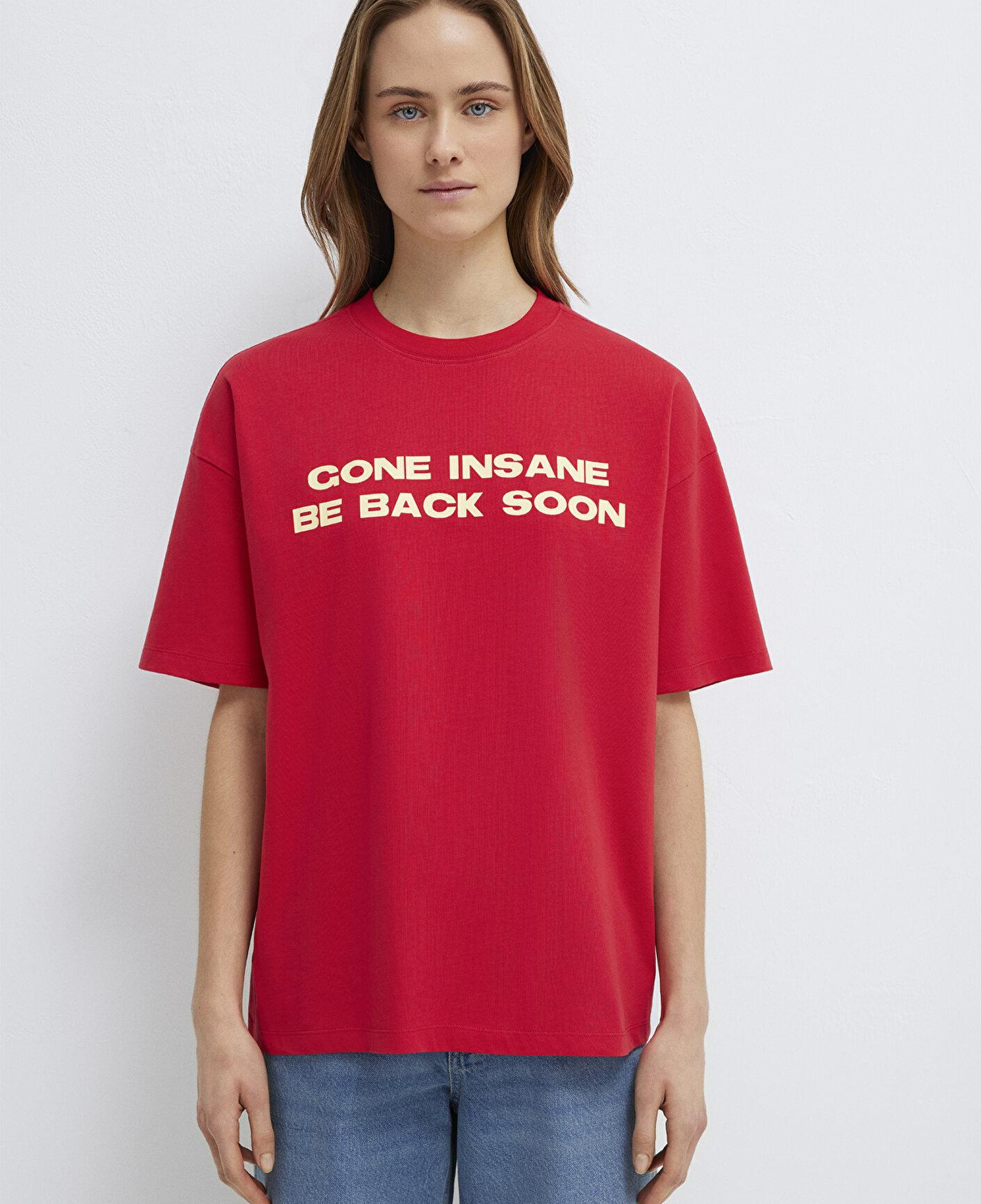 Mavi Slogan Baskılı Kırmızı Tişört Loose Fit / Bol Rahat Kesim 1614000-80791