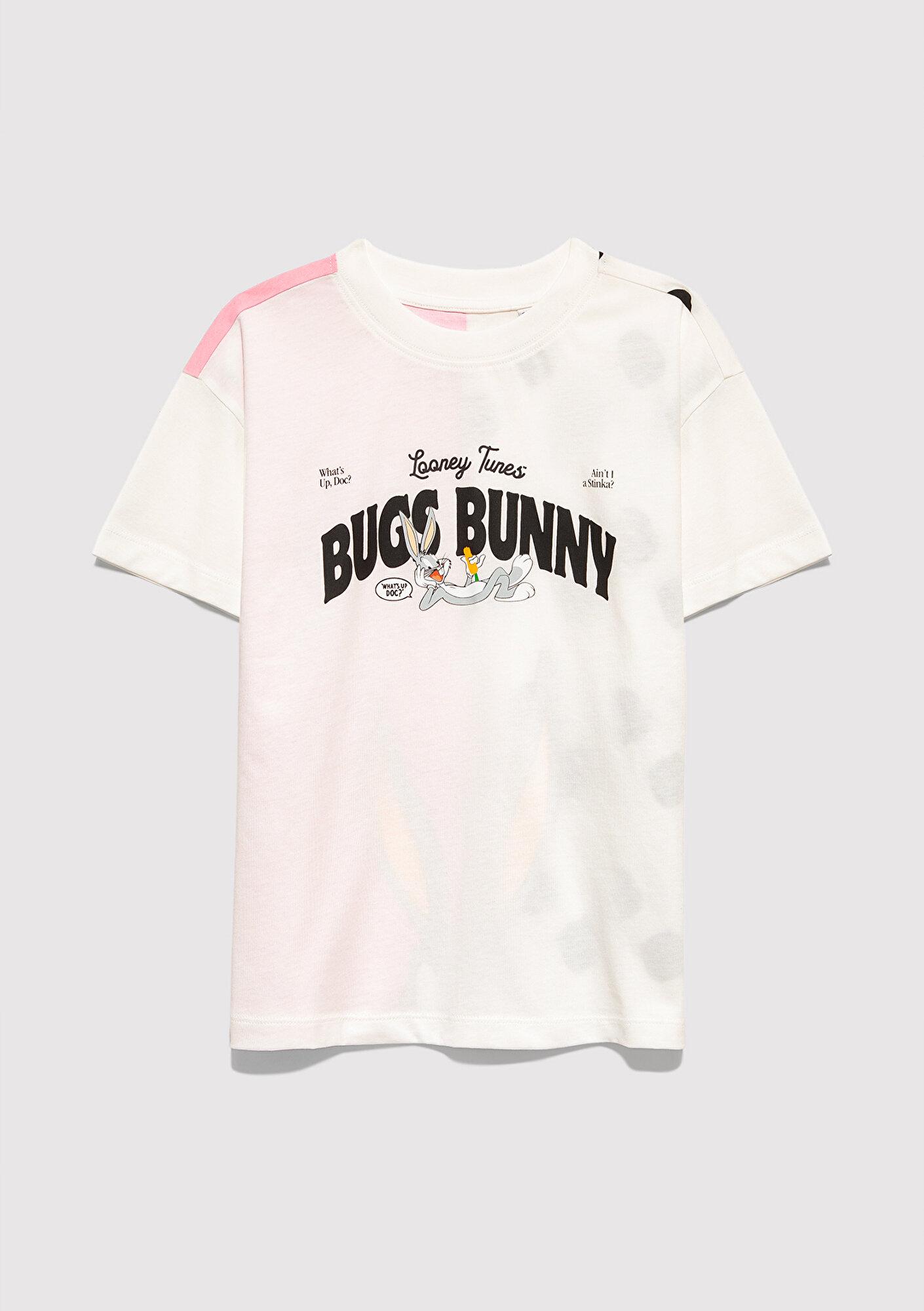 Mavi Bugs Bunny Baskılı Ekru Tişört Loose Fit / Bol Rahat Kesim 7610454-70057