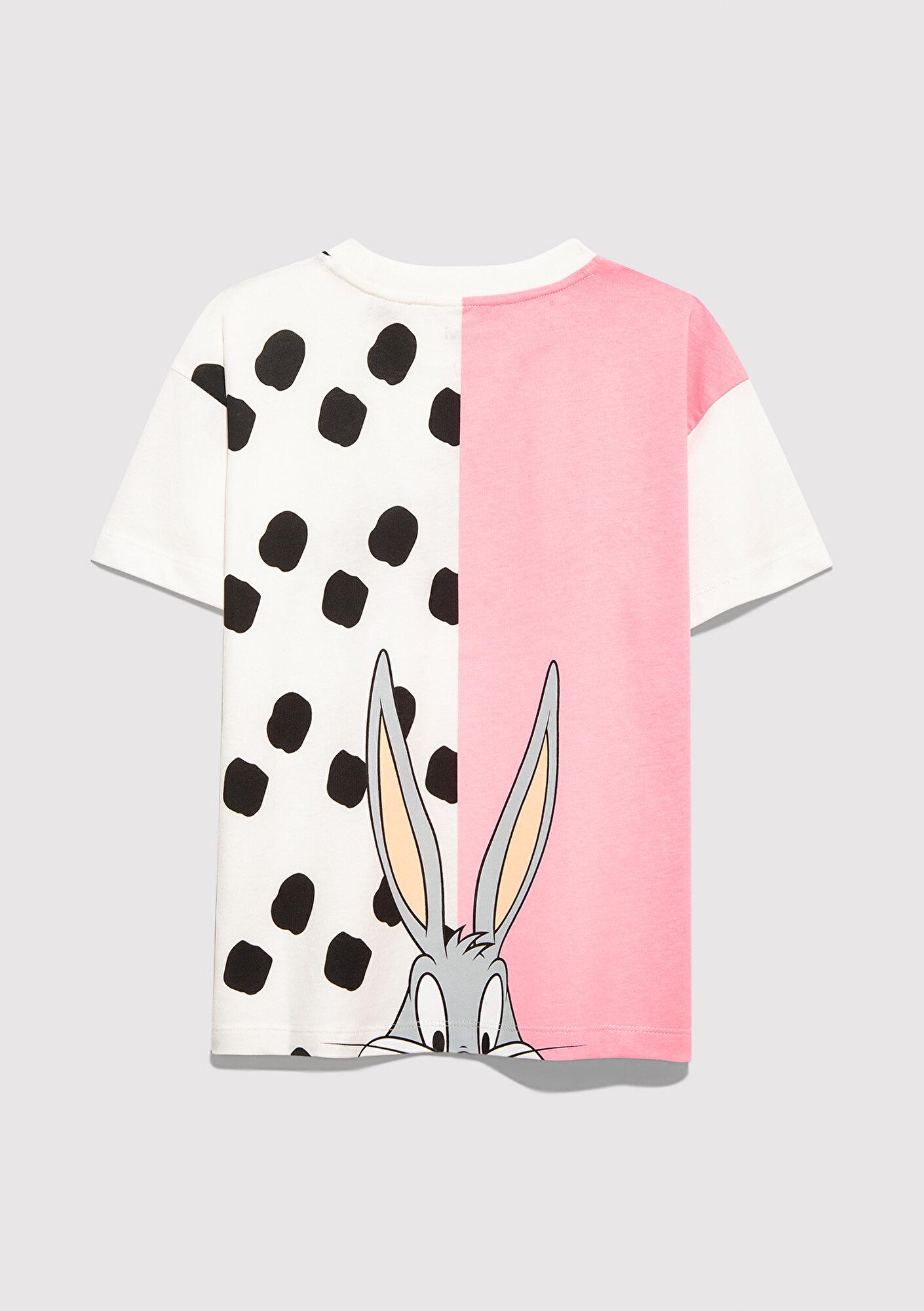 Mavi Bugs Bunny Baskılı Ekru Tişört Loose Fit / Bol Rahat Kesim 7610454-70057