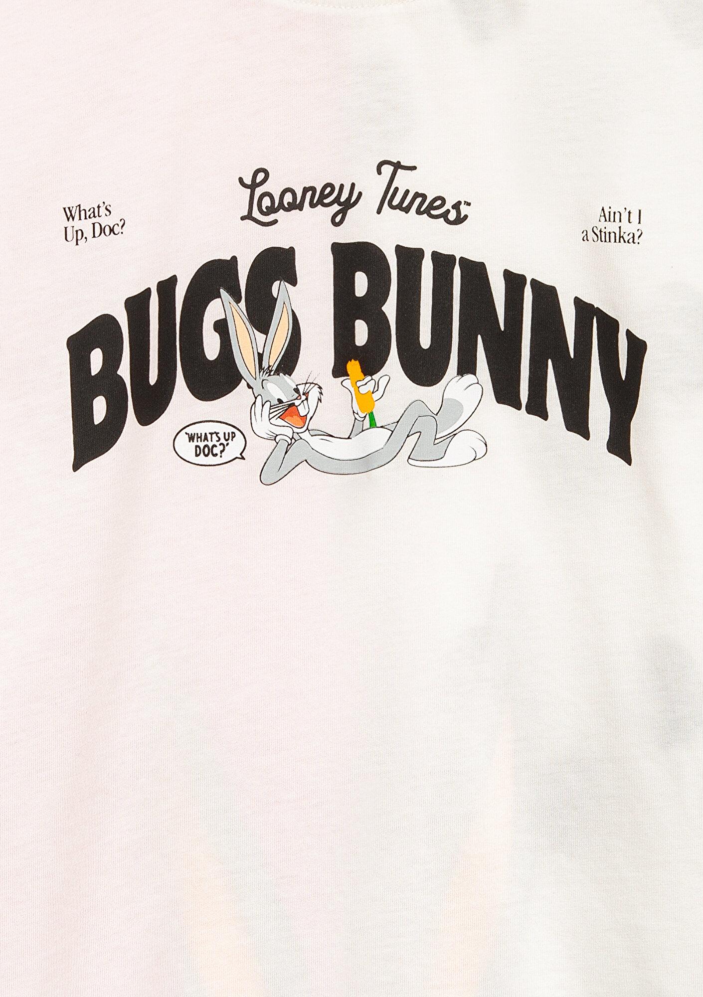 Mavi Bugs Bunny Baskılı Ekru Tişört Loose Fit / Bol Rahat Kesim 7610454-70057
