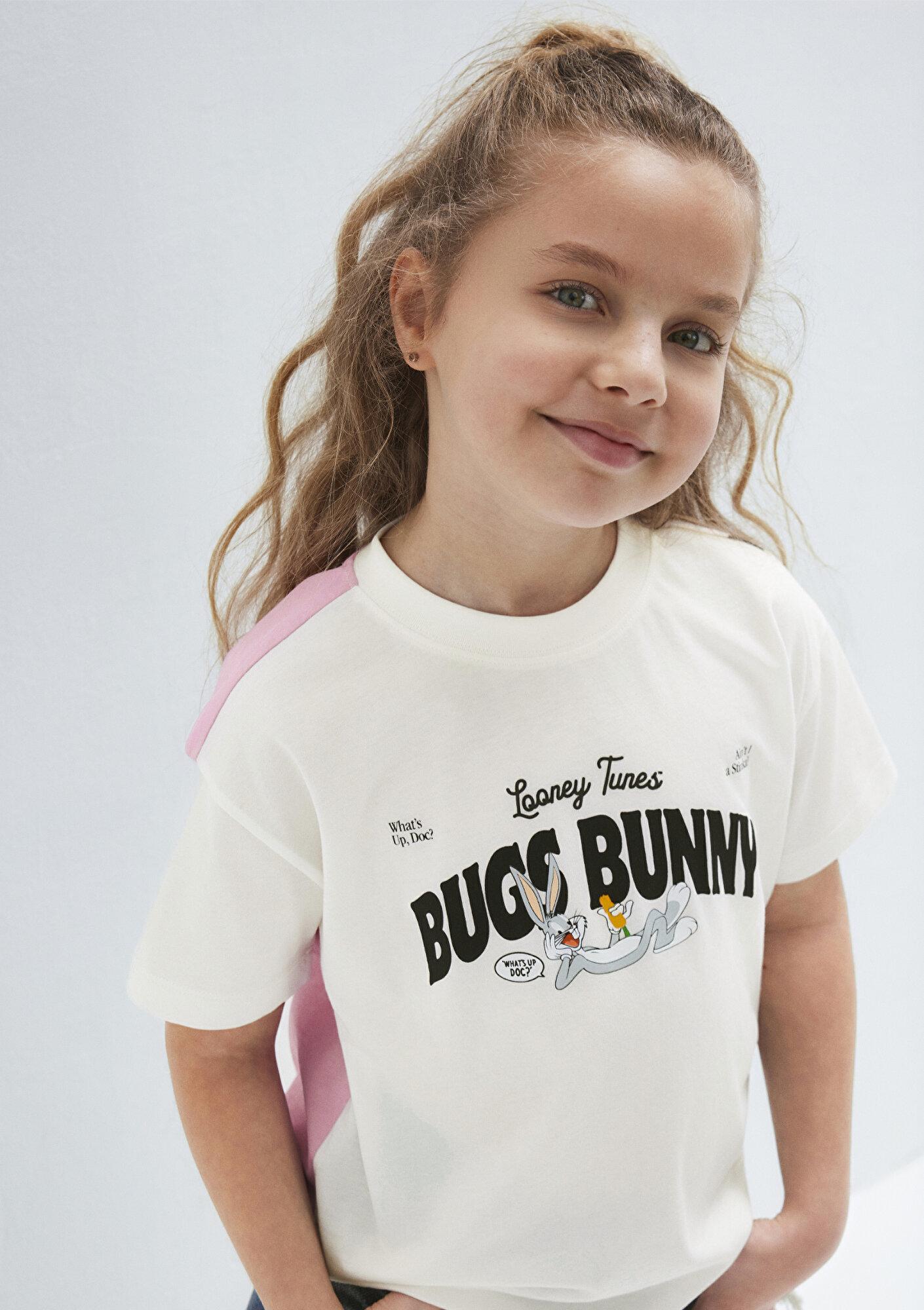 Mavi Bugs Bunny Baskılı Ekru Tişört Loose Fit / Bol Rahat Kesim 7610454-70057