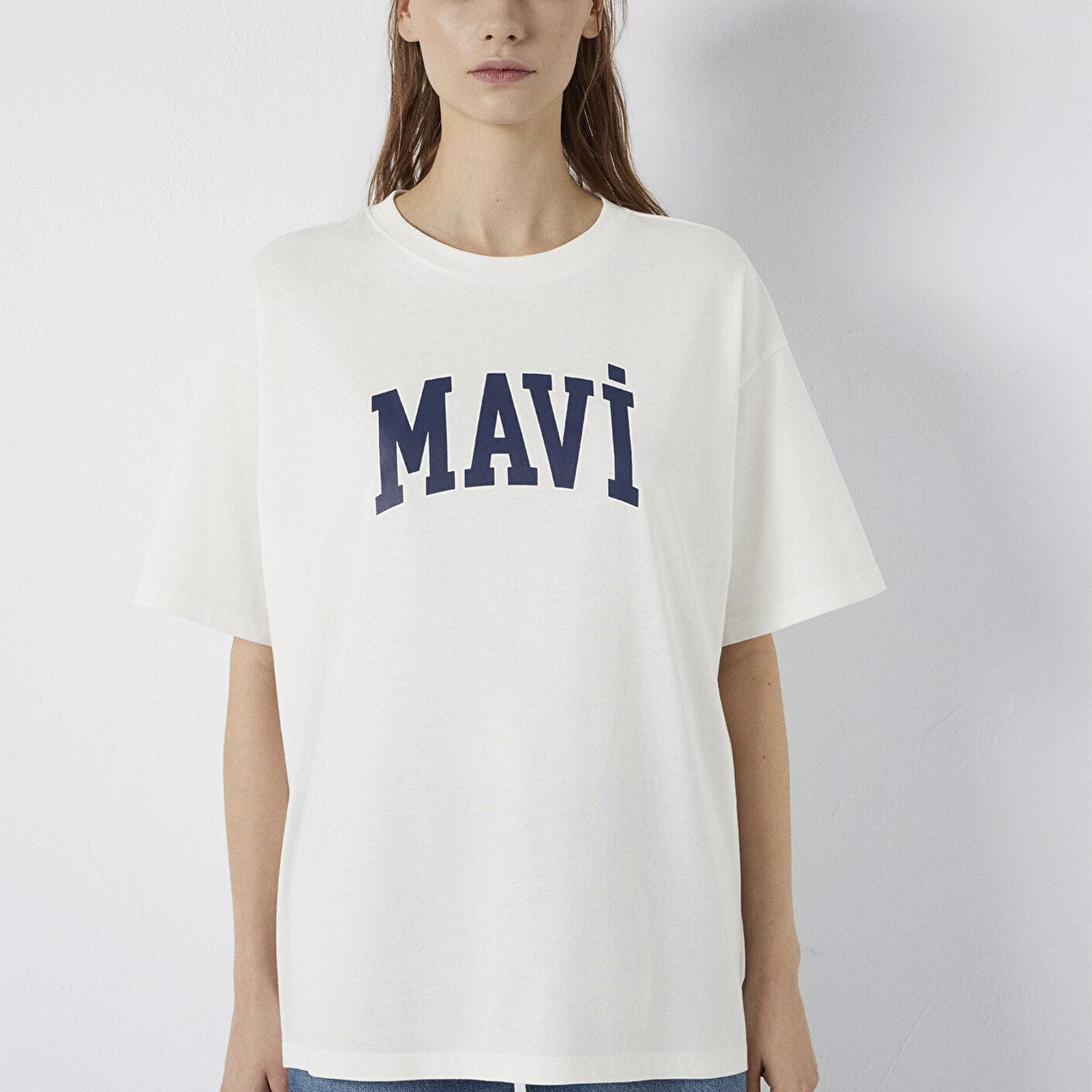 Mavi Mavi Logo Baskılı Ekru Tişört. Oversize / Geniş Kesim 1600843-81964