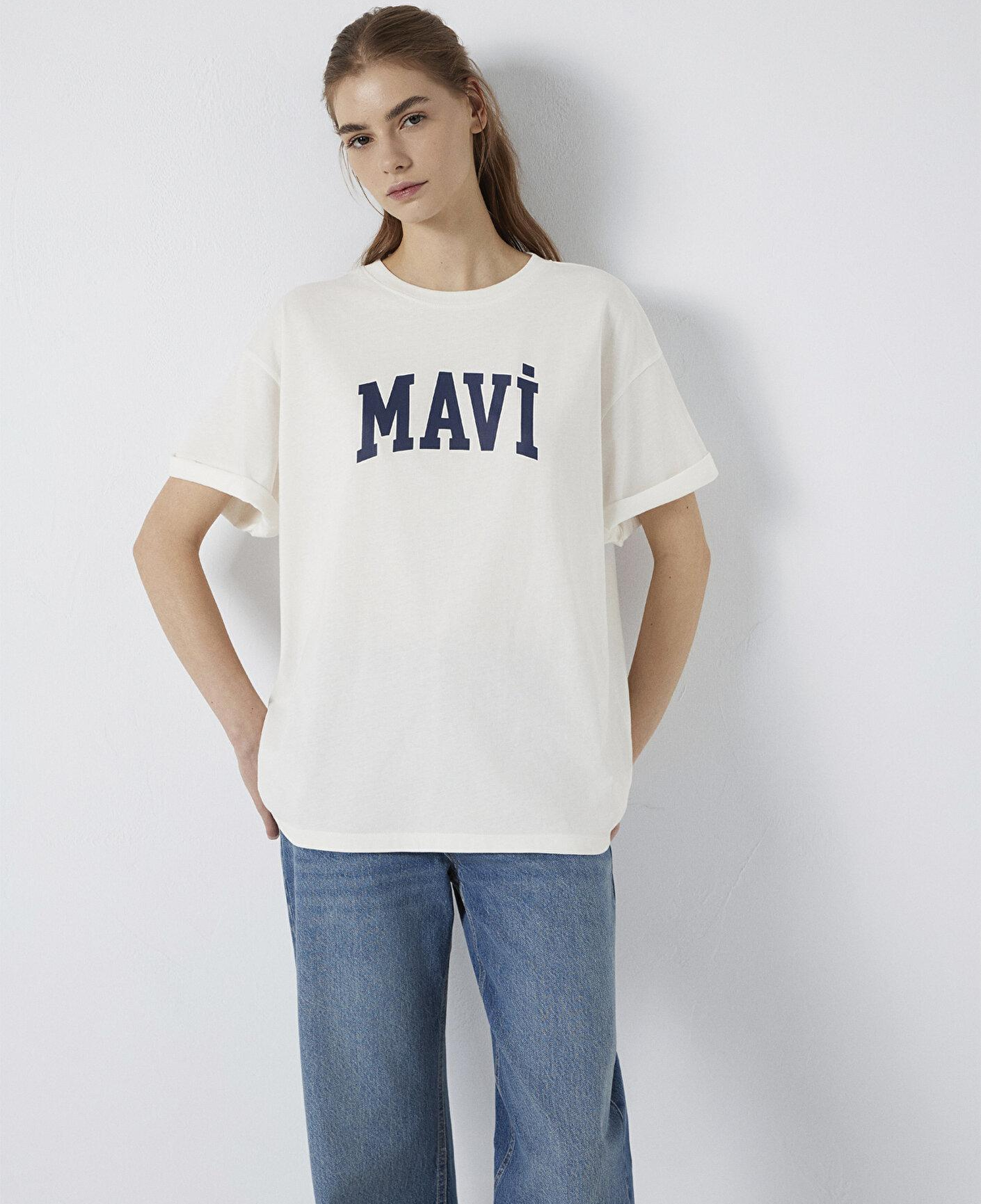 Mavi Mavi Logo Baskılı Ekru Tişört. Oversize / Geniş Kesim 1600843-81964