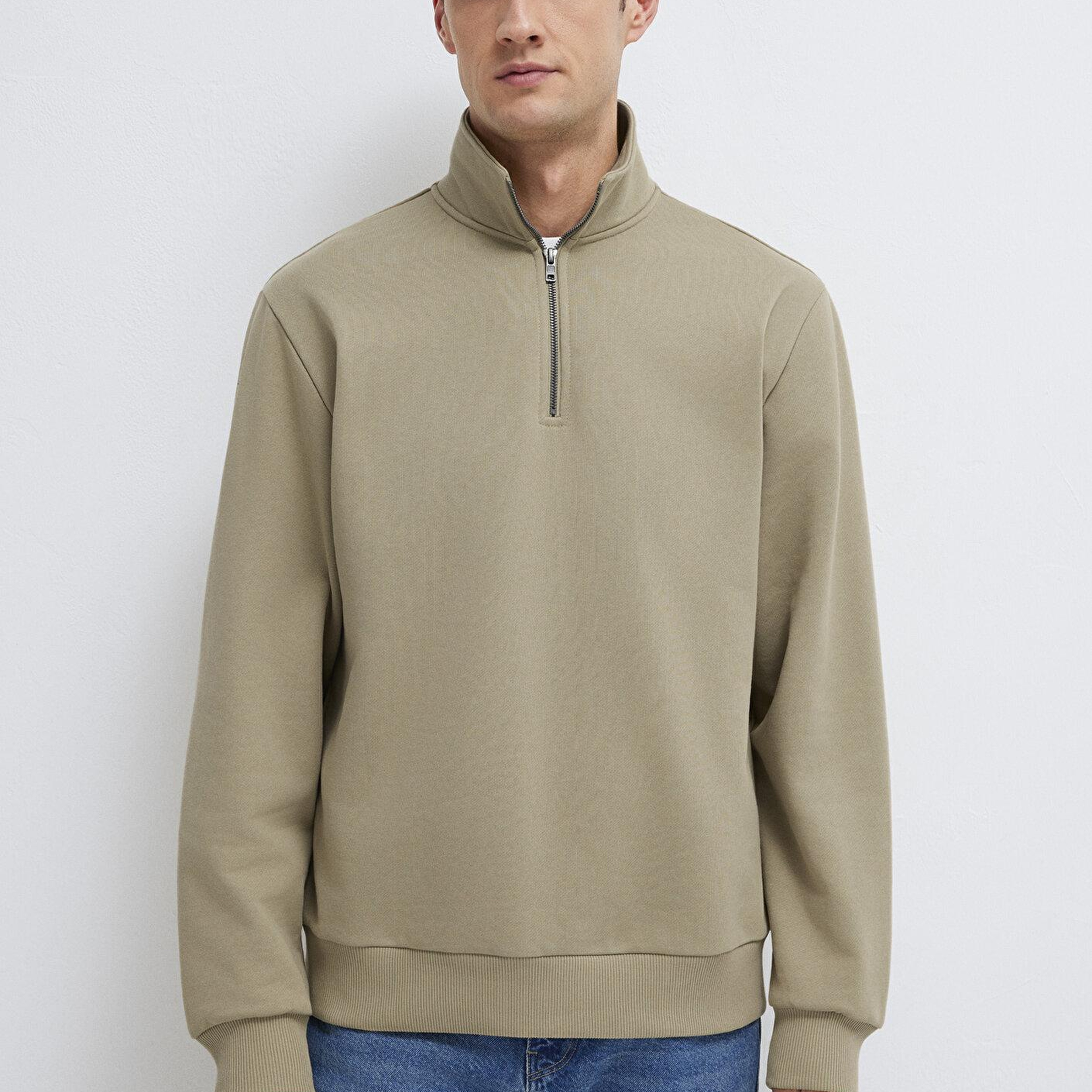 Mavi Yarı Fermuarlı Basic Bej Sweatshirt 0S10419-70204