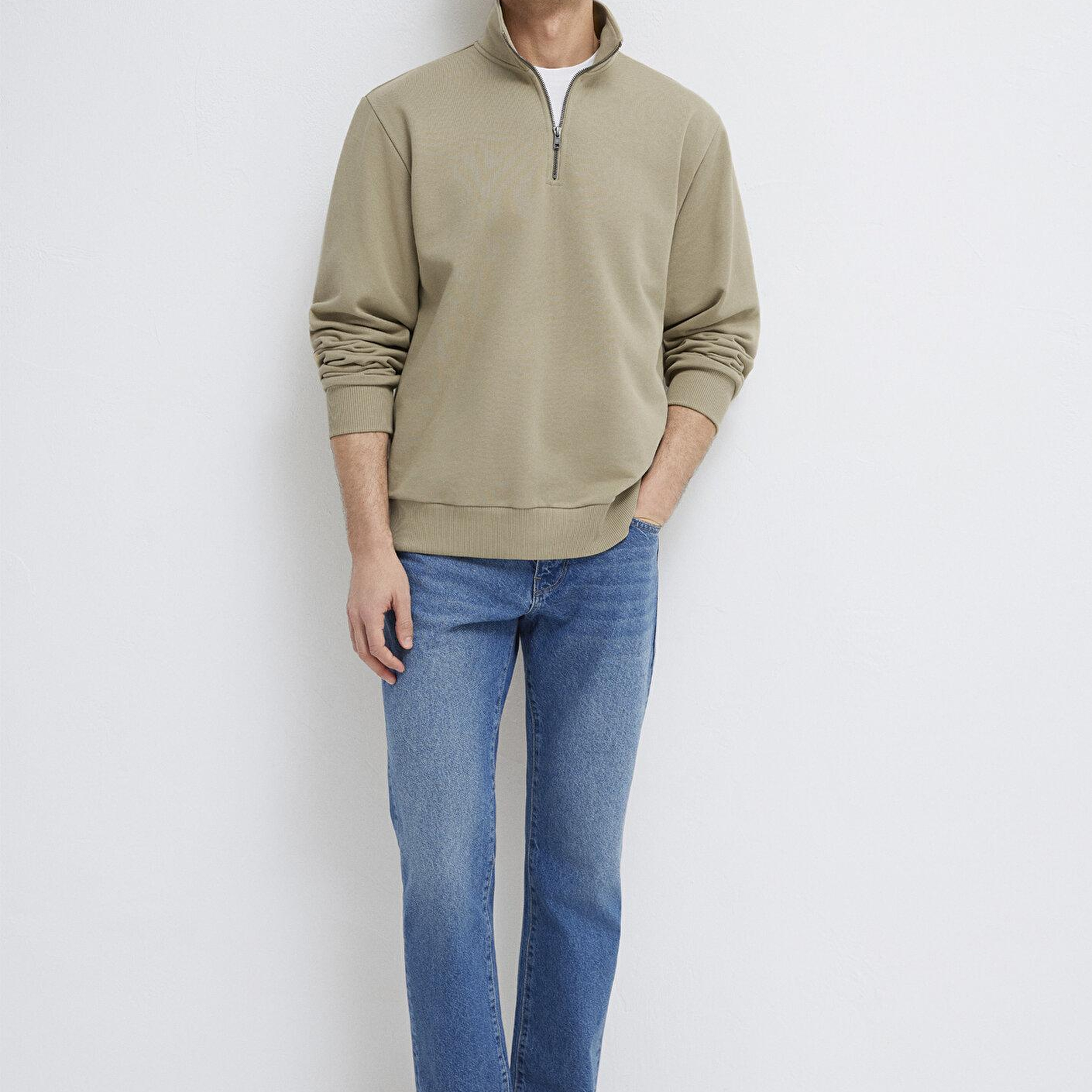 Mavi Yarı Fermuarlı Basic Bej Sweatshirt 0S10419-70204