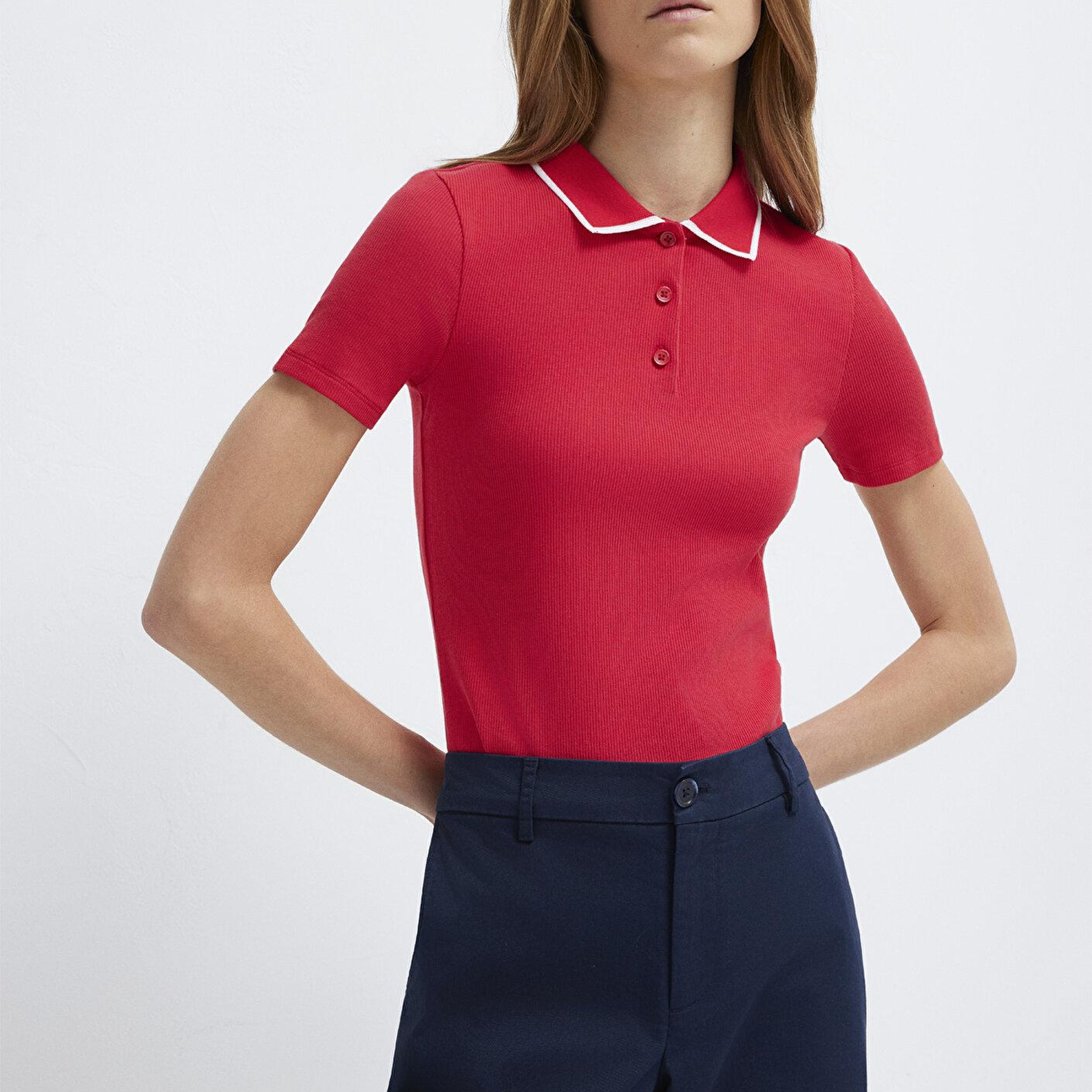 Mavi Yaka Detaylı Kırmızı Polo Tişört Fitted / Vücuda Oturan Kesim 1613776-70477