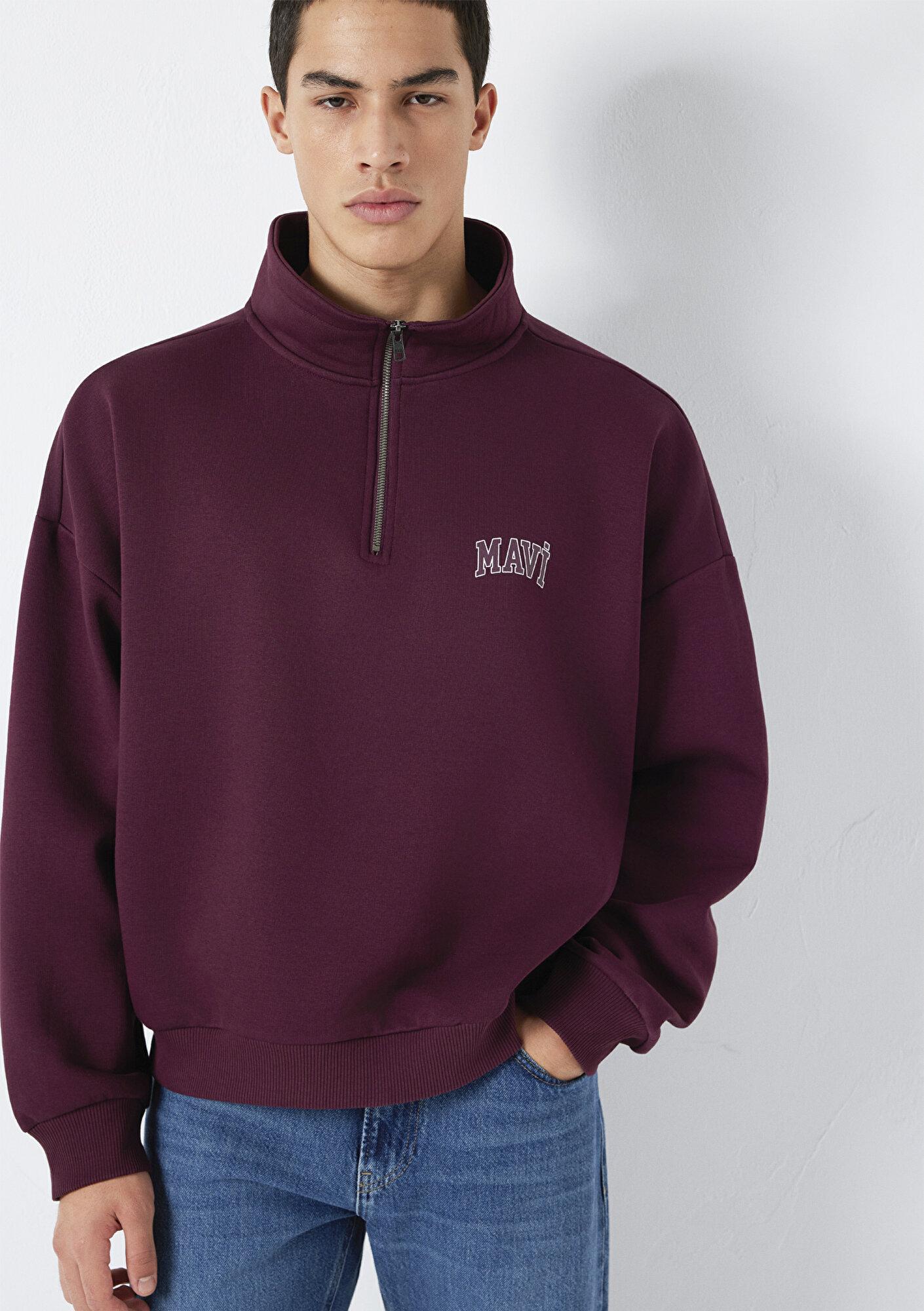 Mavi Mavi Logo Baskılı Yarı Fermuarlı Bordo Sweatshirt 0S10208-70434