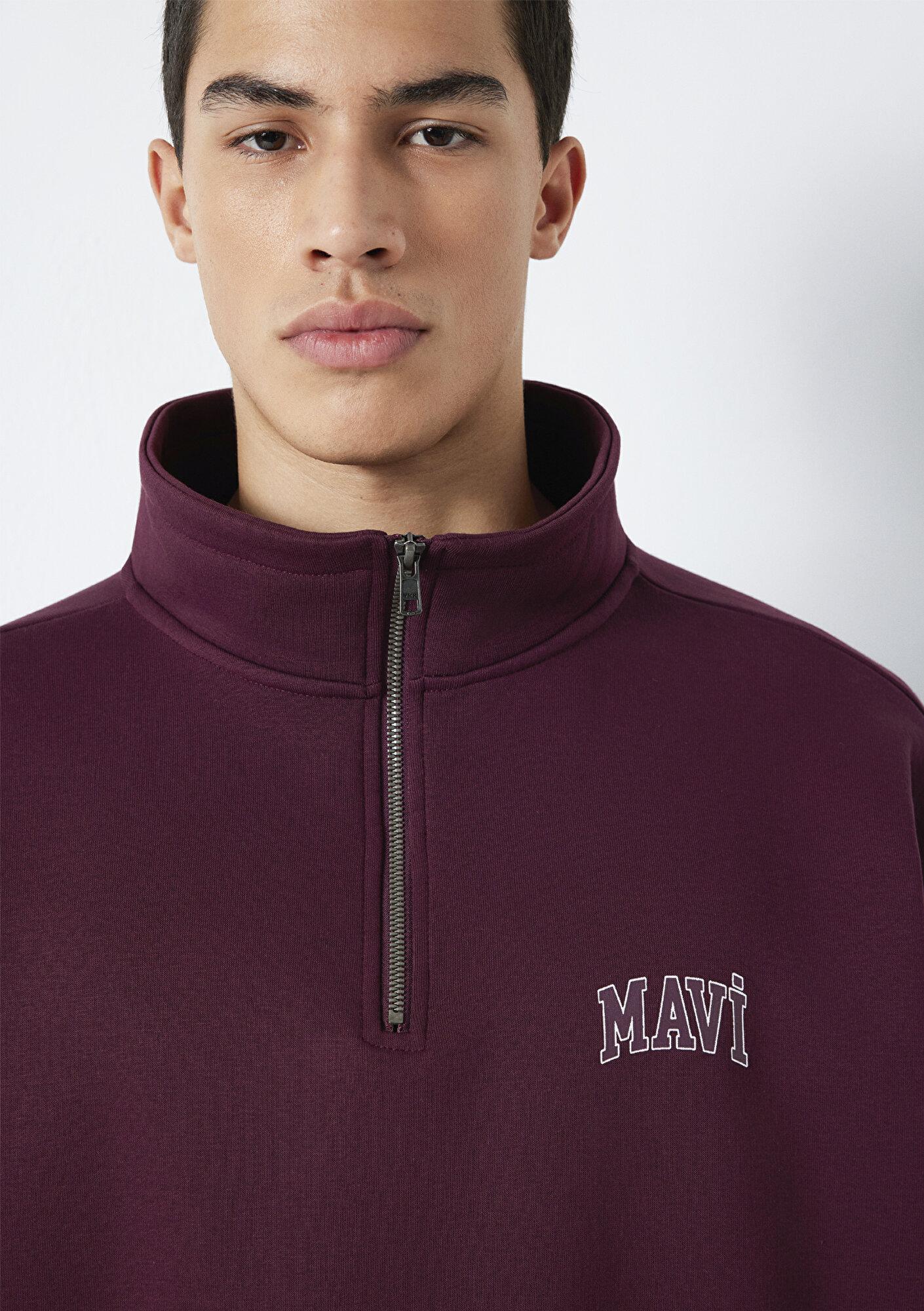 Mavi Mavi Logo Baskılı Yarı Fermuarlı Bordo Sweatshirt 0S10208-70434