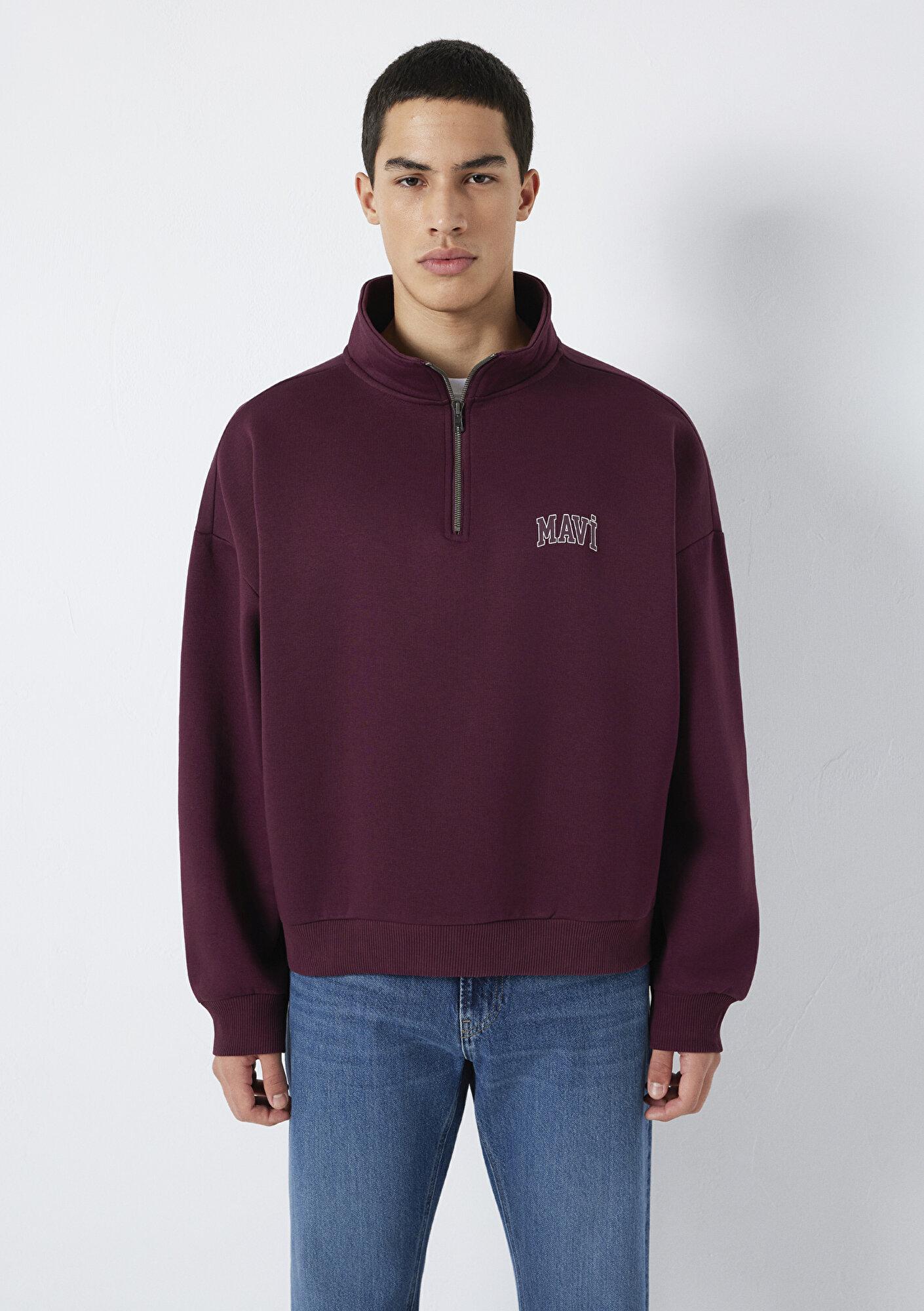 Mavi Mavi Logo Baskılı Yarı Fermuarlı Bordo Sweatshirt 0S10208-70434