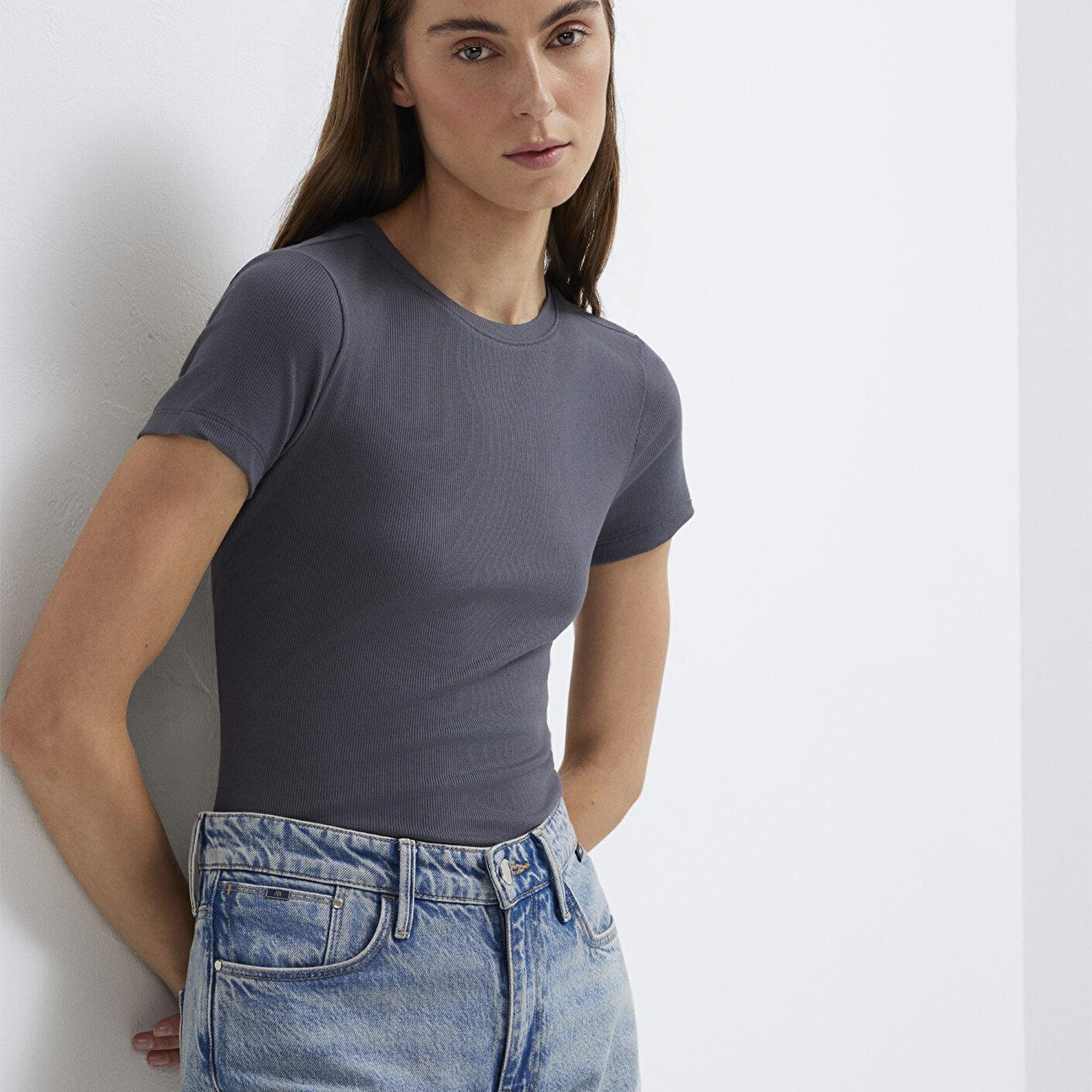 Mavi Antrasit (TENCEL™) Modal Karışımlı Basic Tişört Slim Fit / Dar Kesim 1612904-83620