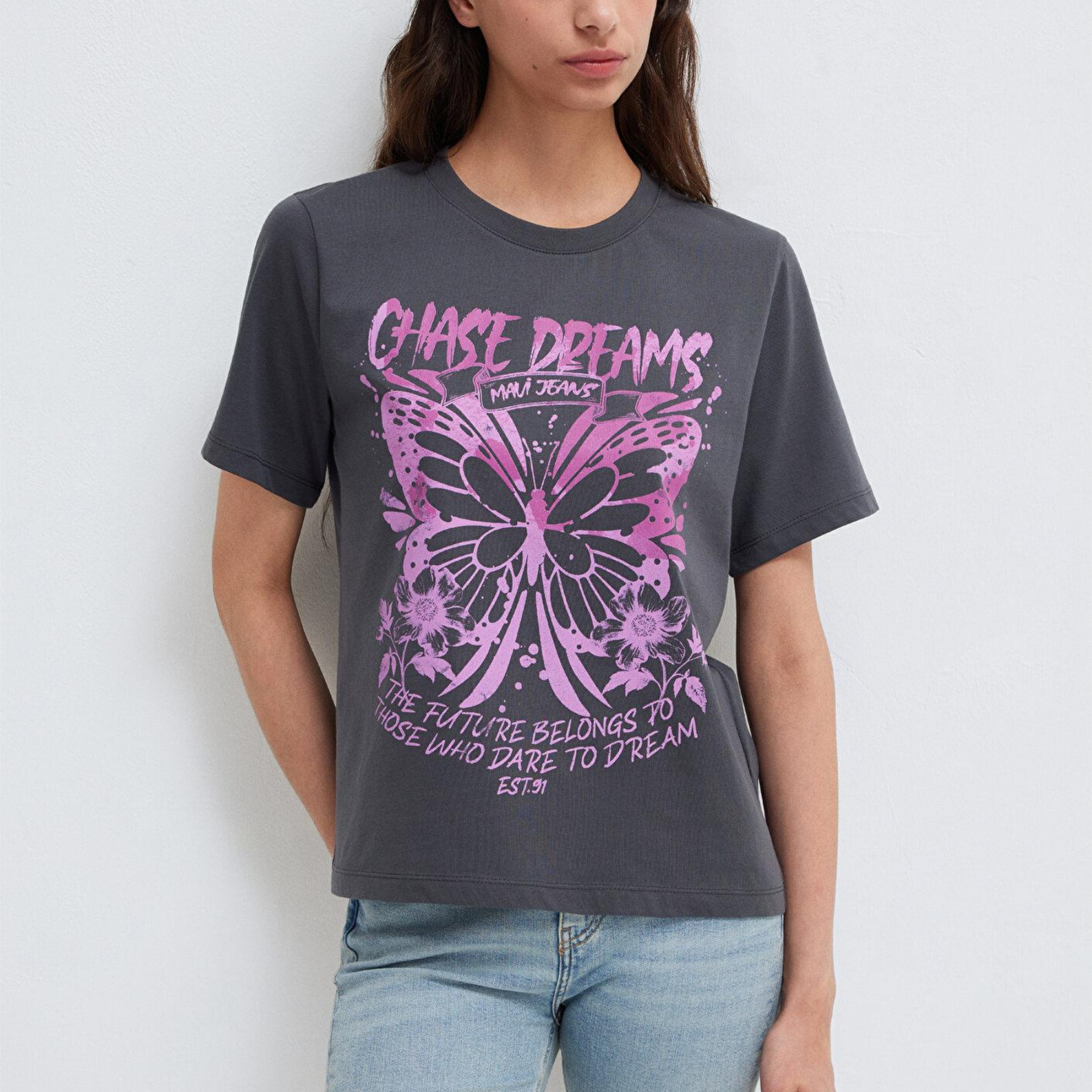 Mavi Kelebek Baskılı Antrasit Tişört Regular Fit / Normal Kesim 1613720-83620