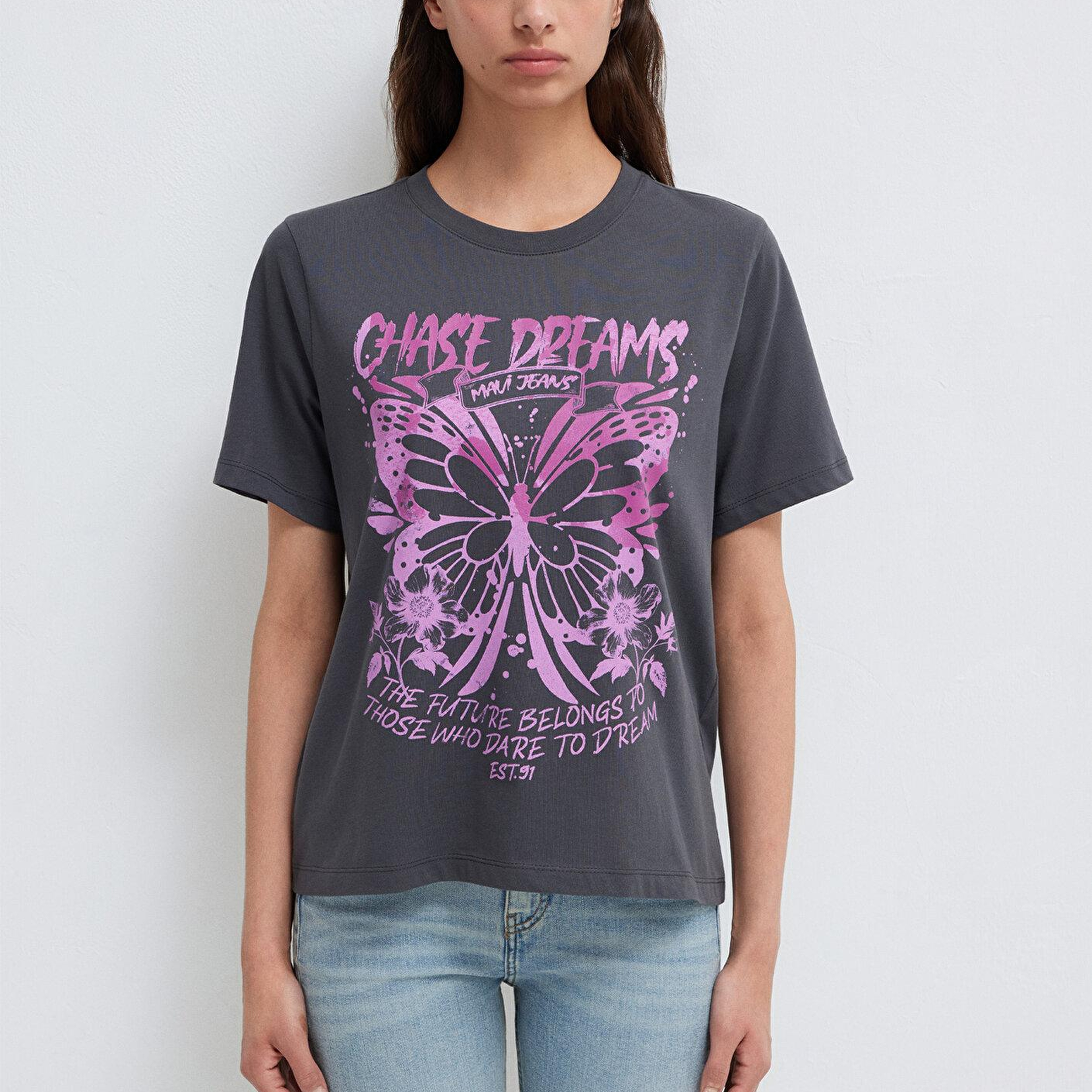 Mavi Kelebek Baskılı Antrasit Tişört Regular Fit / Normal Kesim 1613720-83620