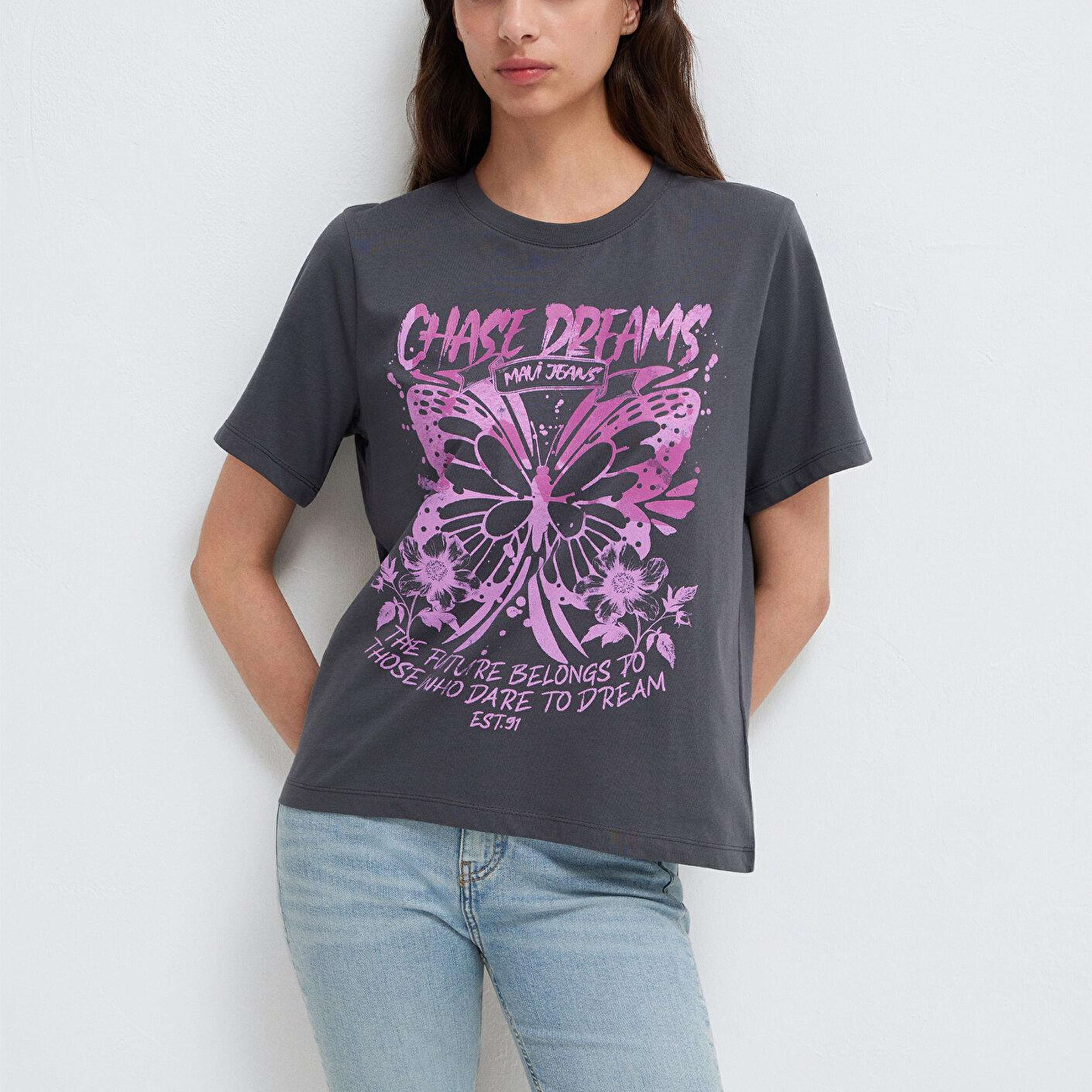 Mavi Kelebek Baskılı Antrasit Tişört Regular Fit / Normal Kesim 1613720-83620