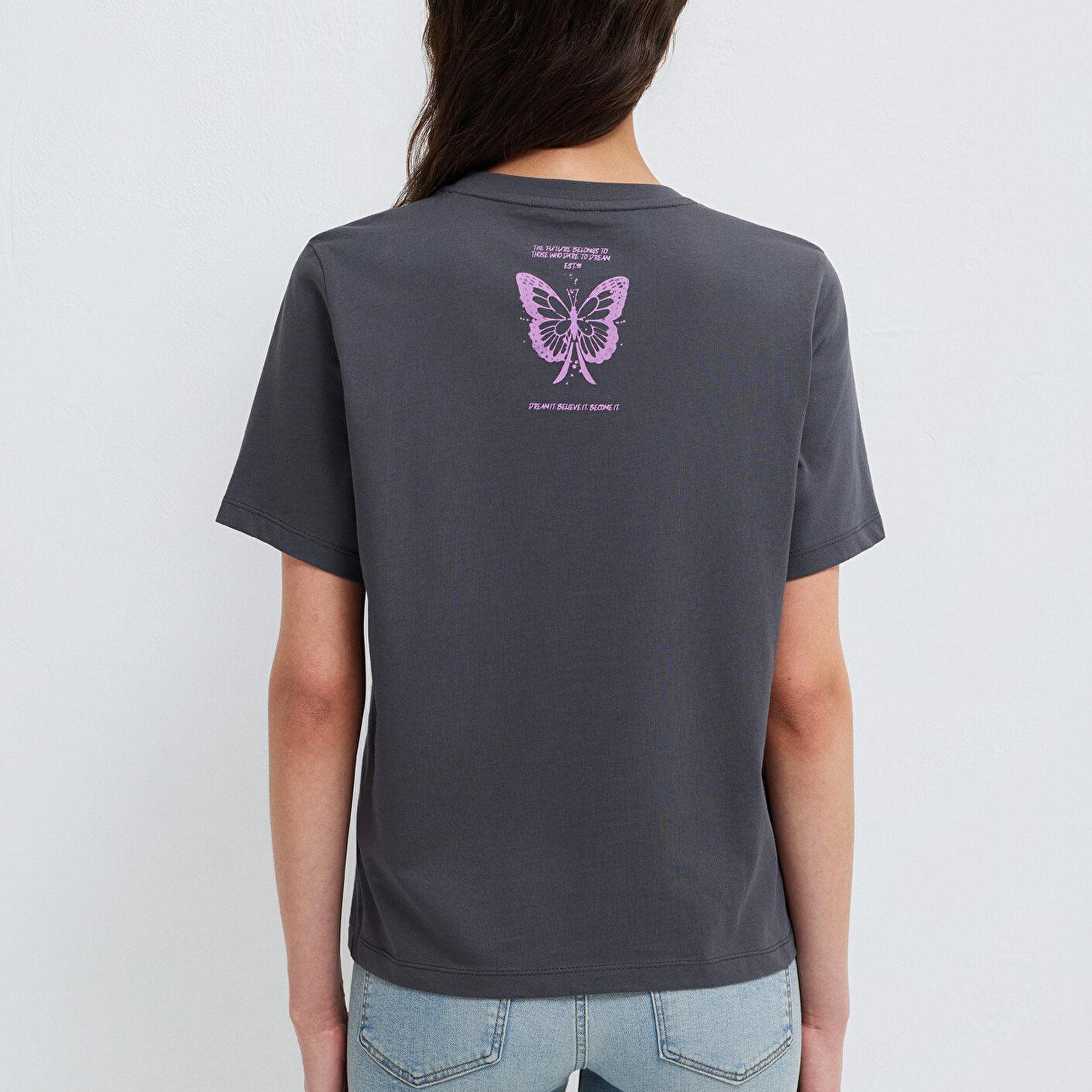 Mavi Kelebek Baskılı Antrasit Tişört Regular Fit / Normal Kesim 1613720-83620