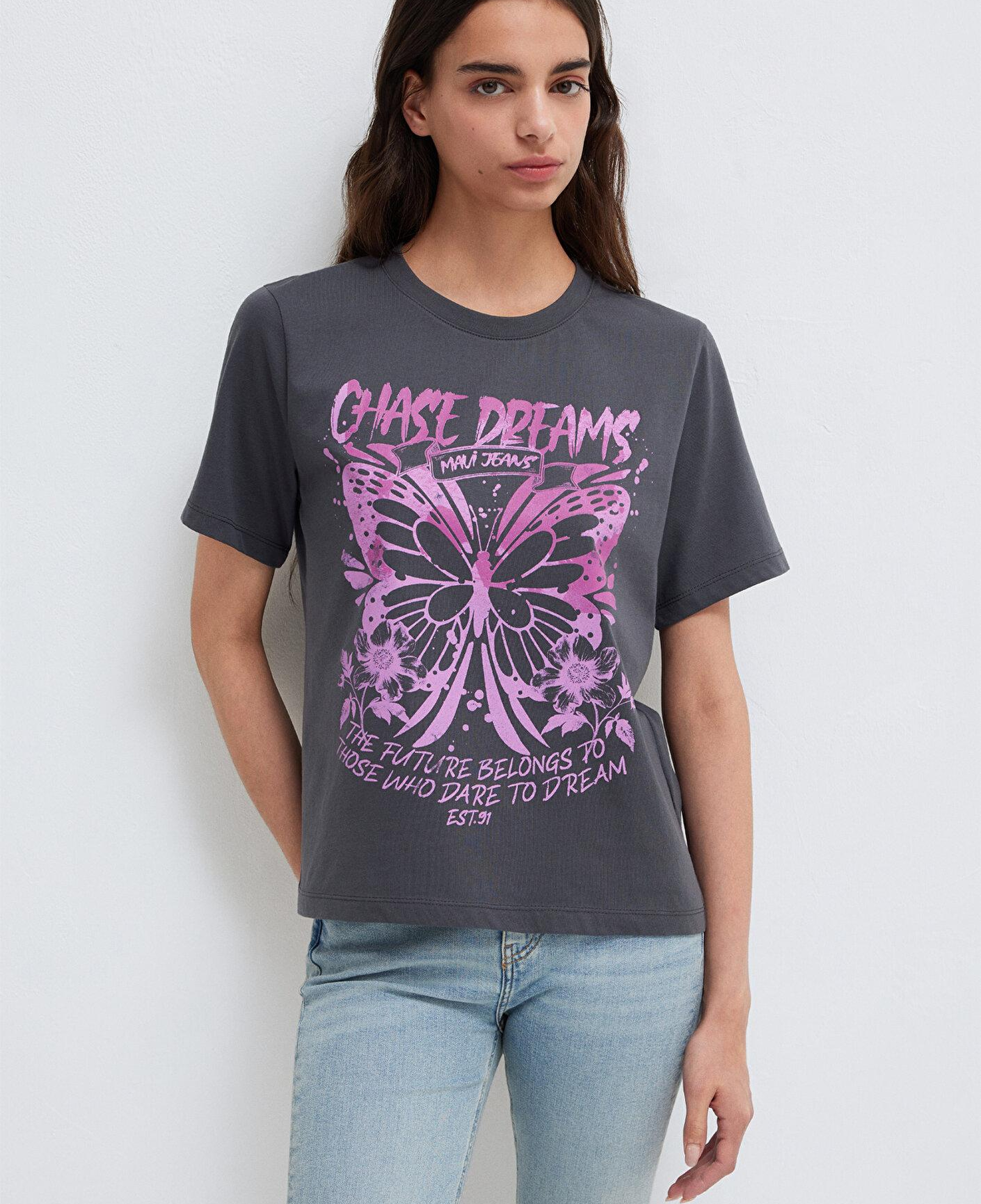 Mavi Kelebek Baskılı Antrasit Tişört Regular Fit / Normal Kesim 1613720-83620