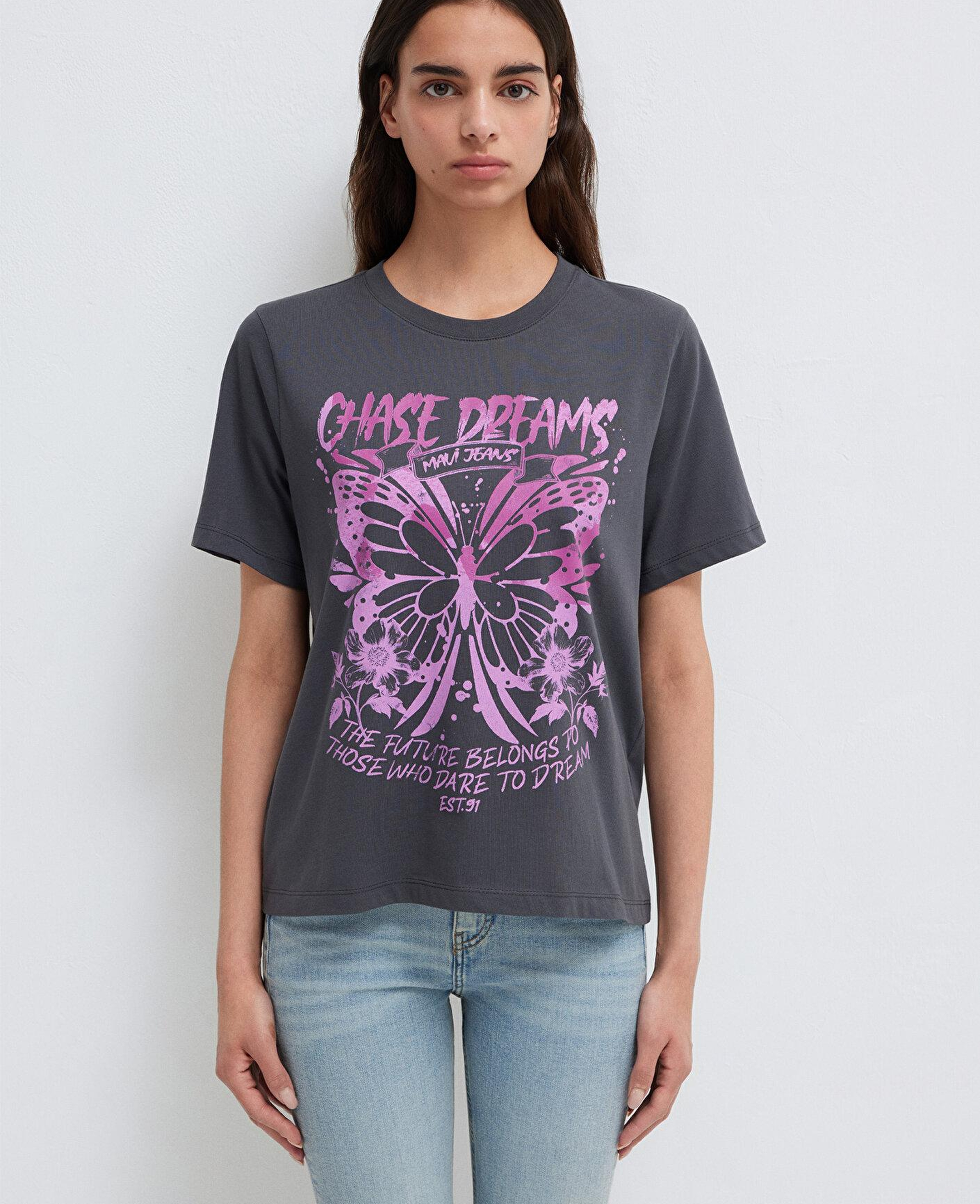 Mavi Kelebek Baskılı Antrasit Tişört Regular Fit / Normal Kesim 1613720-83620