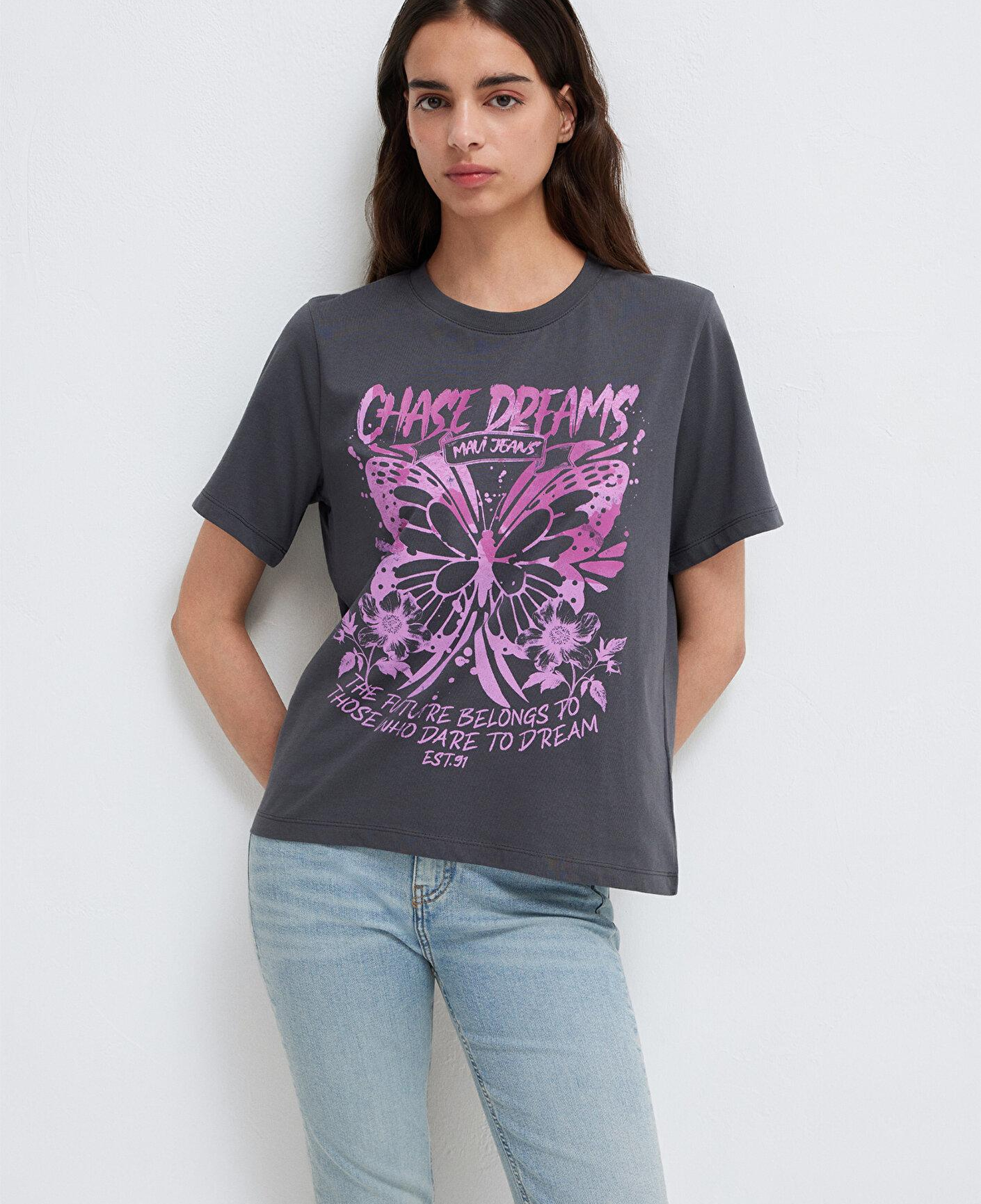 Mavi Kelebek Baskılı Antrasit Tişört Regular Fit / Normal Kesim 1613720-83620