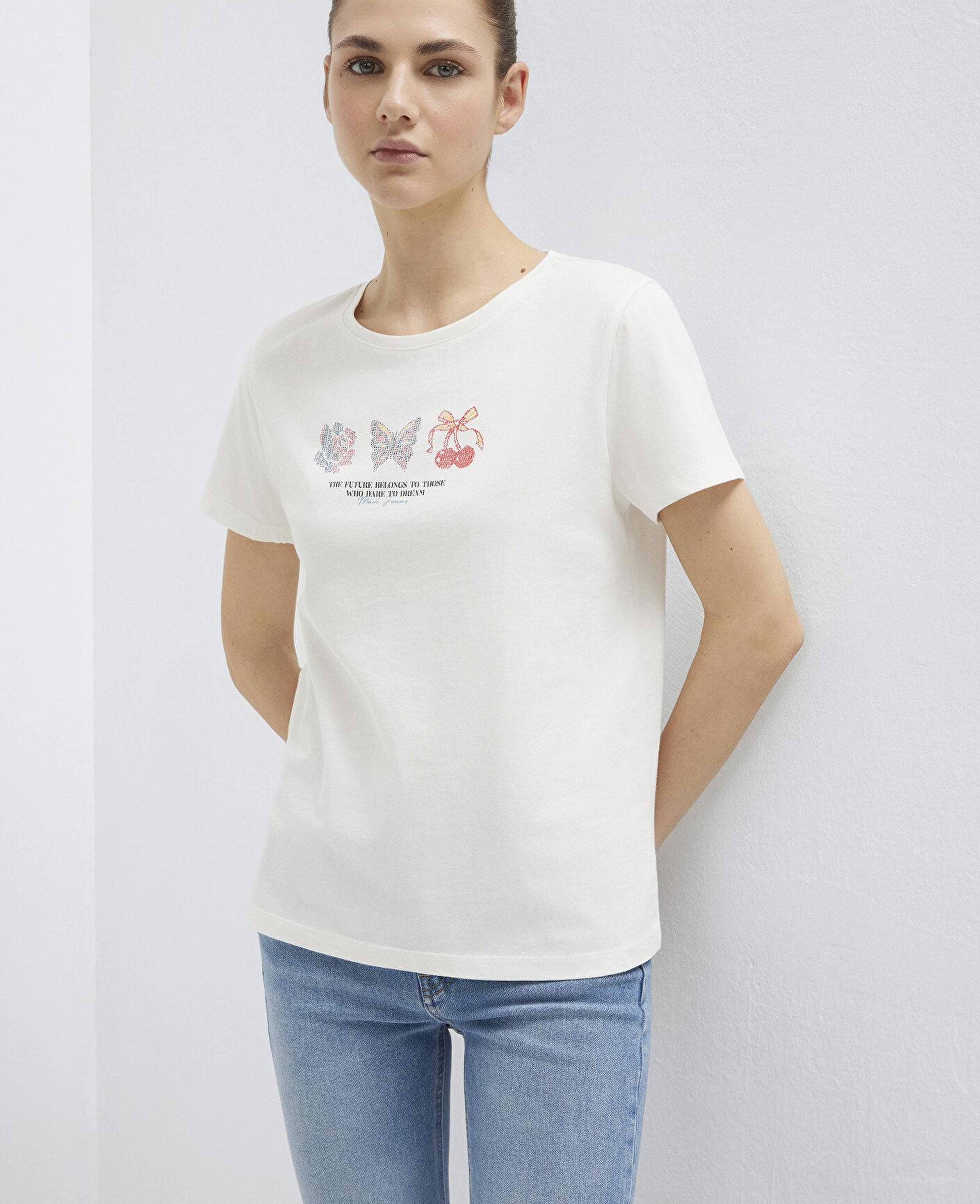 Mavi Kelebek Baskılı Ekru Tişört Semi Slim Fit / Yarı Dar Kesim 1613744-80194