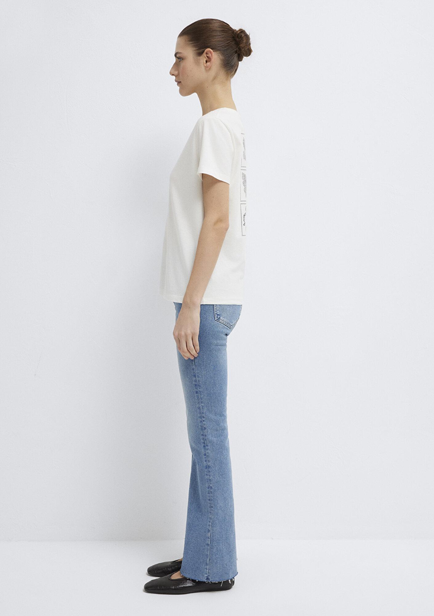 Mavi Kelebek Baskılı Ekru Tişört Semi Slim Fit / Yarı Dar Kesim 1613744-80194