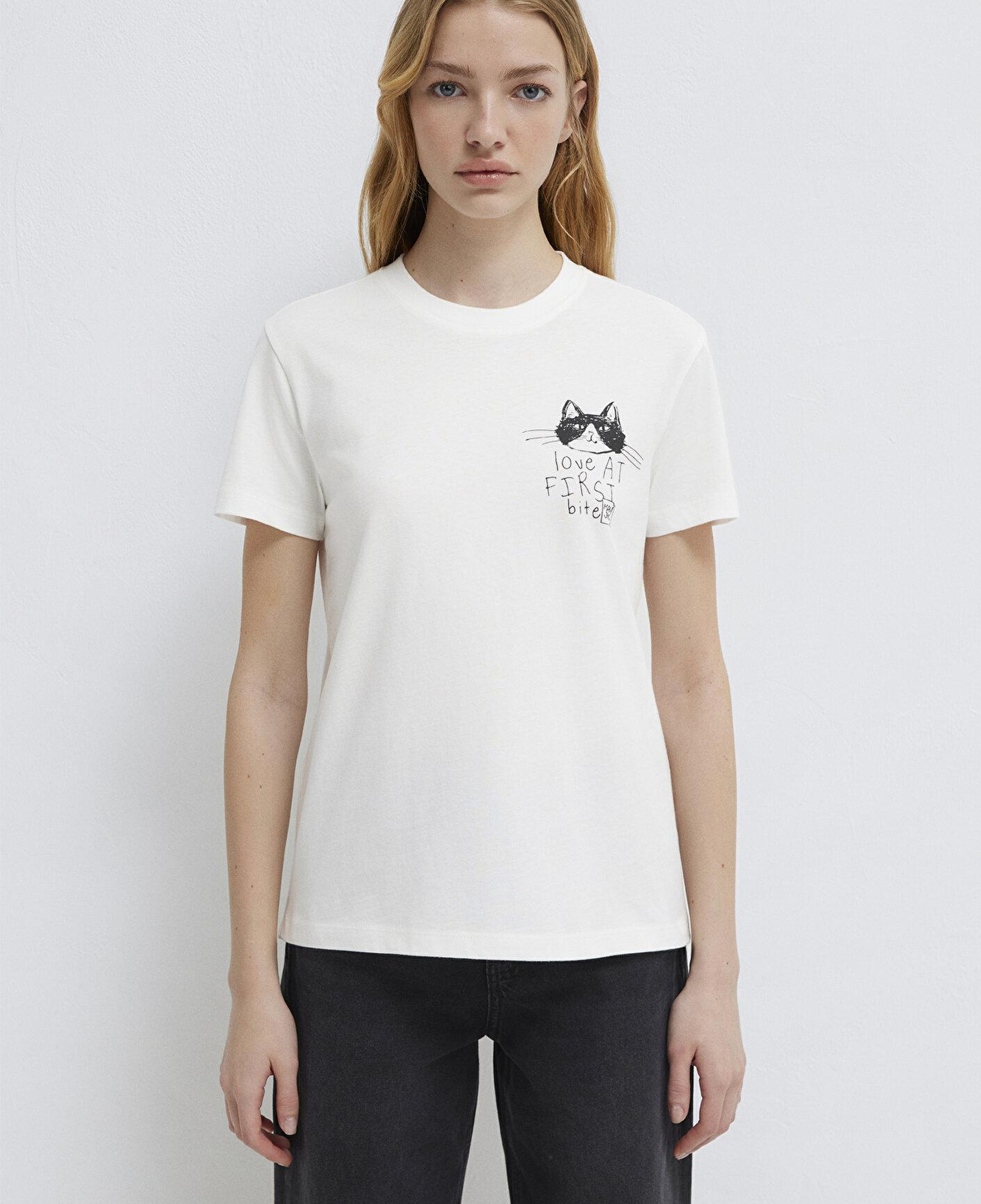 Mavi Kedi Baskılı Ekru Tişört Semi Slim Fit / Yarı Dar Kesim 1613723-70057