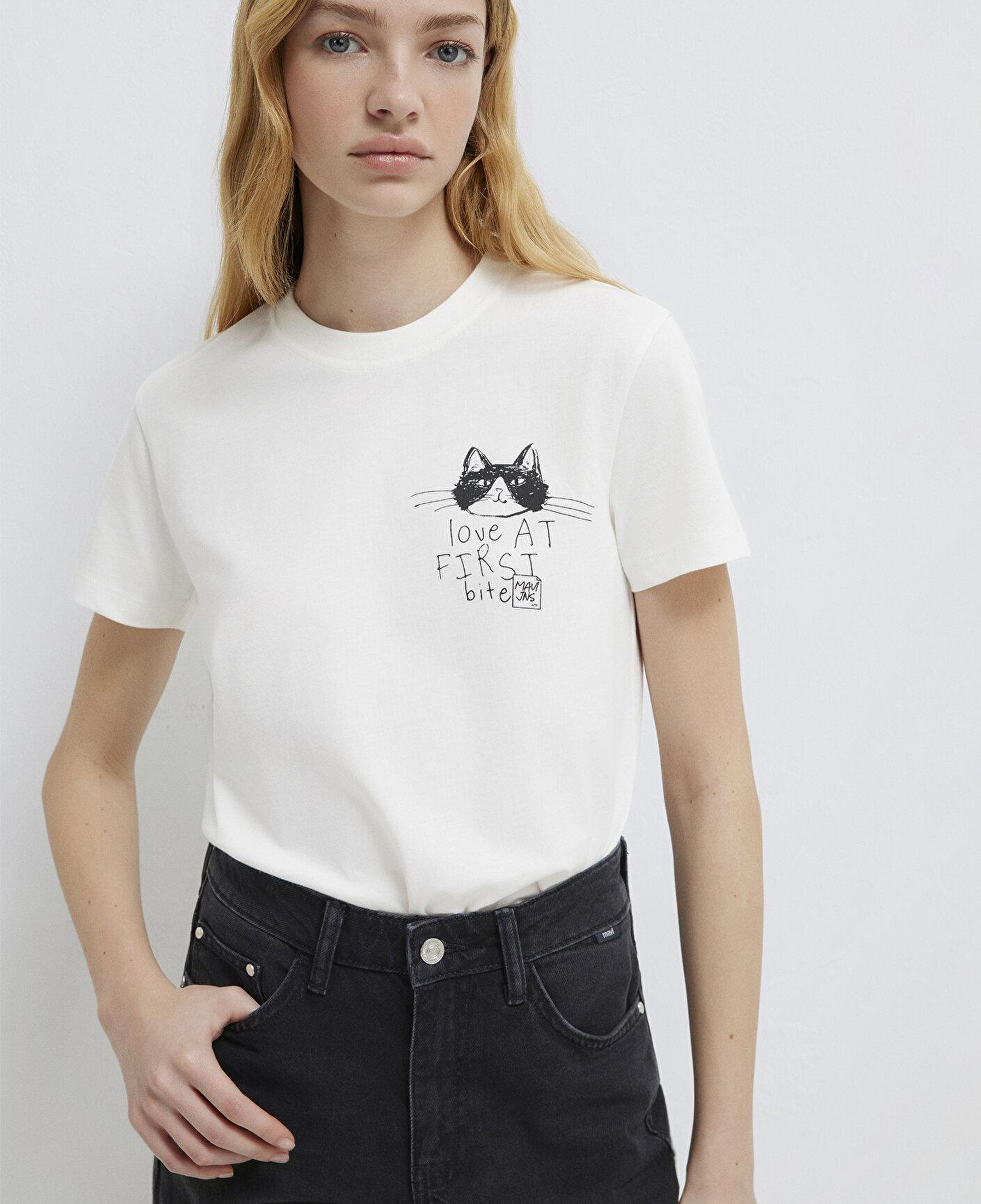 Mavi Kedi Baskılı Ekru Tişört Semi Slim Fit / Yarı Dar Kesim 1613723-70057