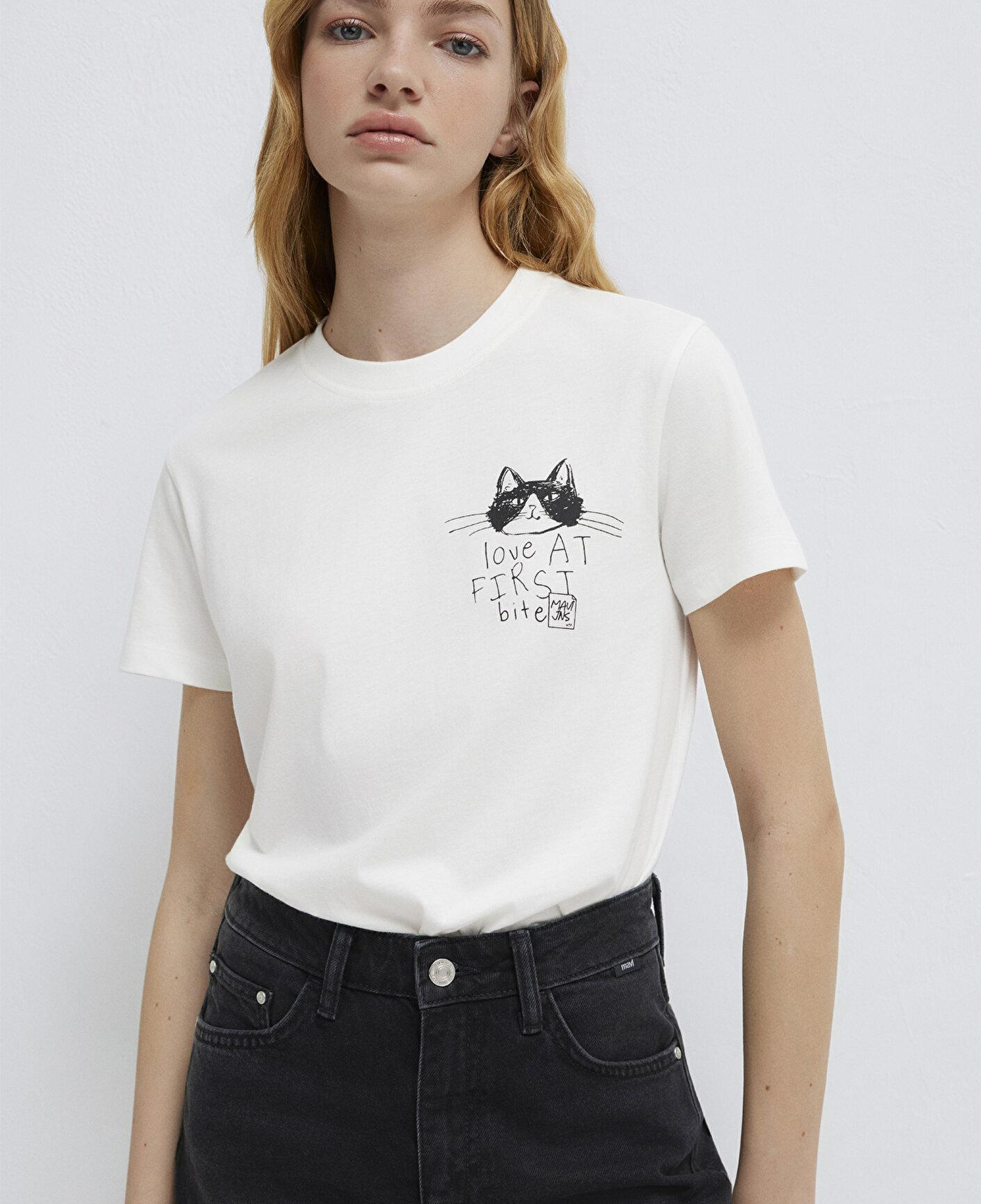 Mavi Kedi Baskılı Ekru Tişört Semi Slim Fit / Yarı Dar Kesim 1613723-70057