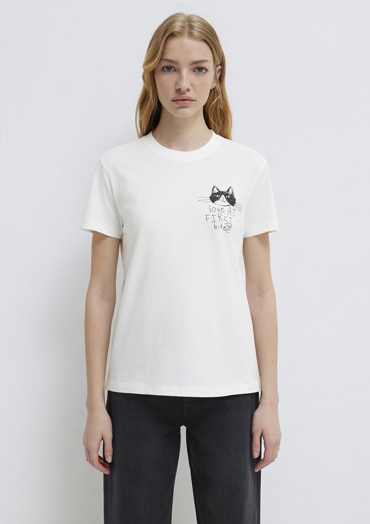 Mavi Kedi Baskılı Ekru Tişört Semi Slim Fit / Yarı Dar Kesim 1613723-70057