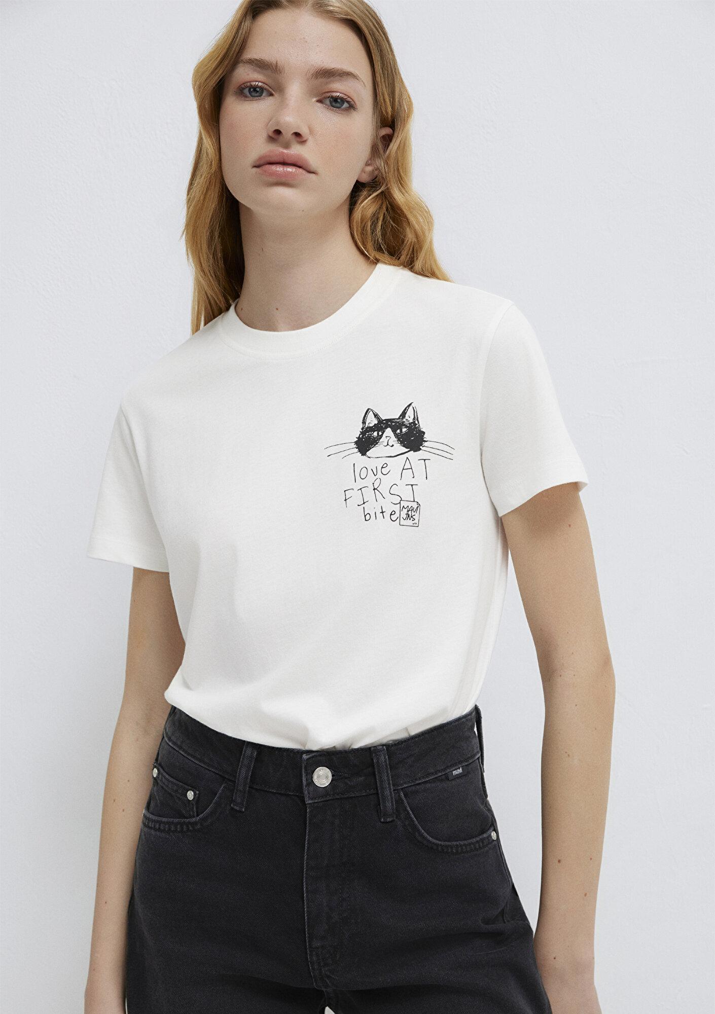 Mavi Kedi Baskılı Ekru Tişört Semi Slim Fit / Yarı Dar Kesim 1613723-70057