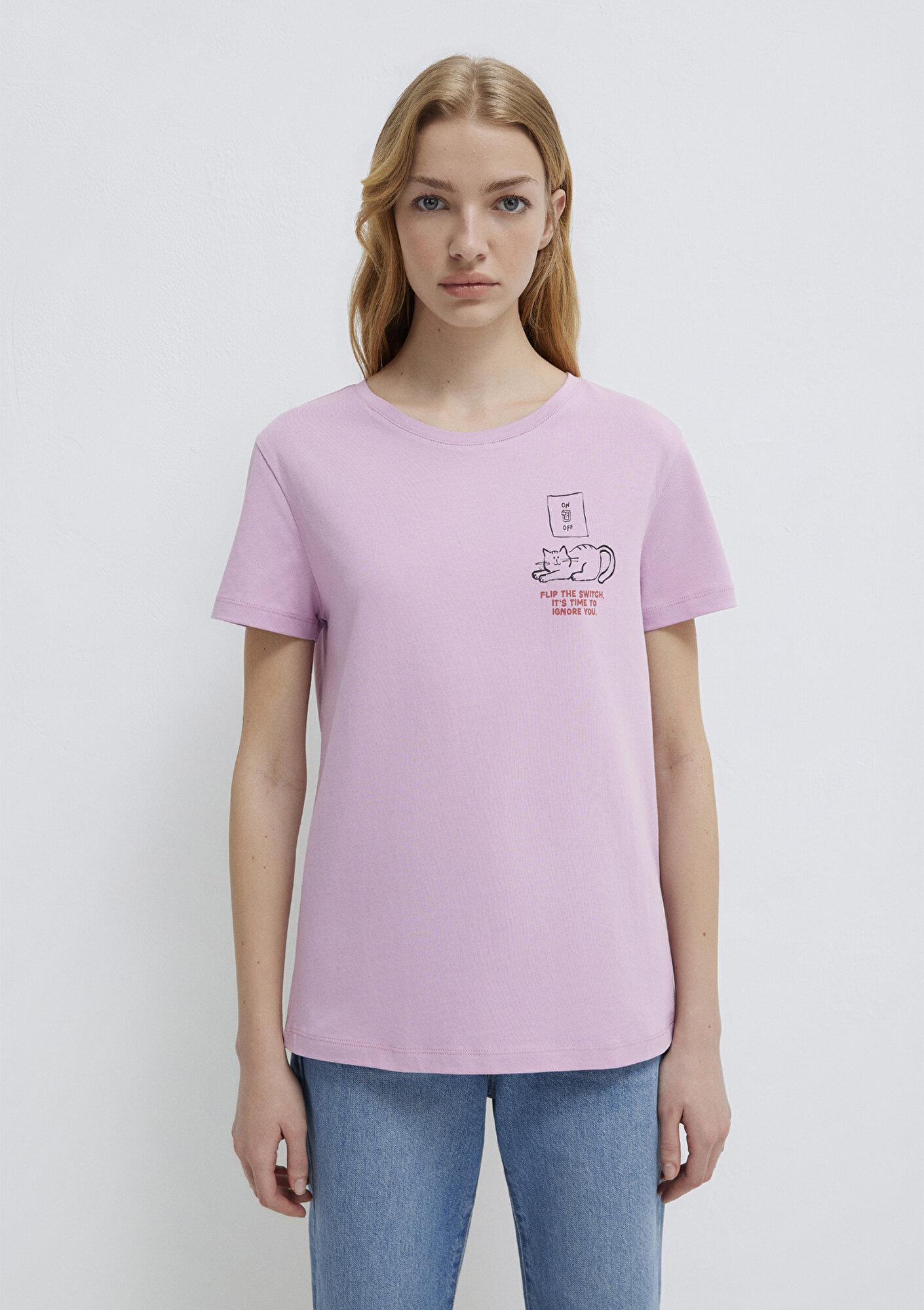 Mavi Kedi Baskılı Pembe Tişört Semi Slim Fit / Yarı Dar Kesim 1613722-71039