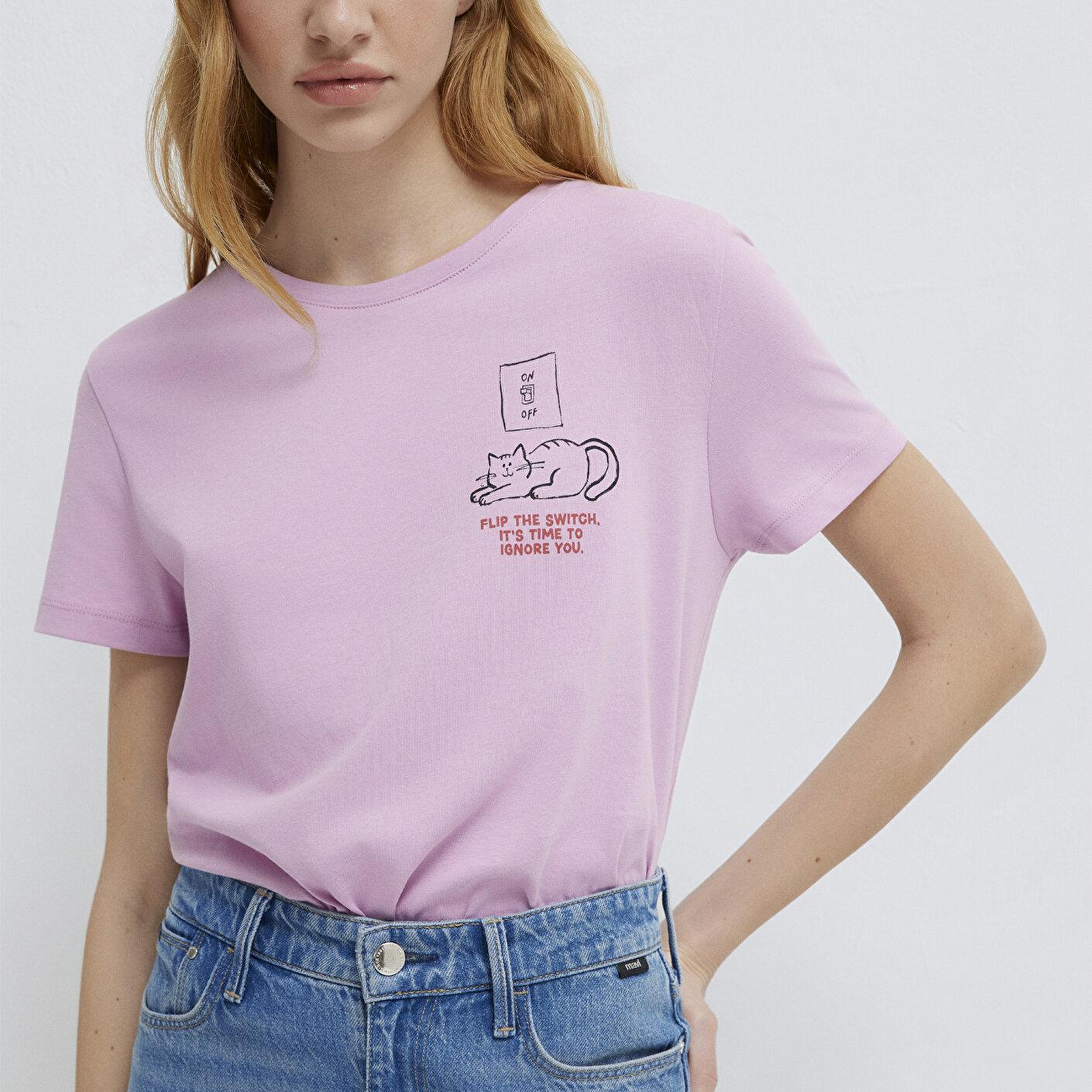 Mavi Kedi Baskılı Pembe Tişört Semi Slim Fit / Yarı Dar Kesim 1613722-71039