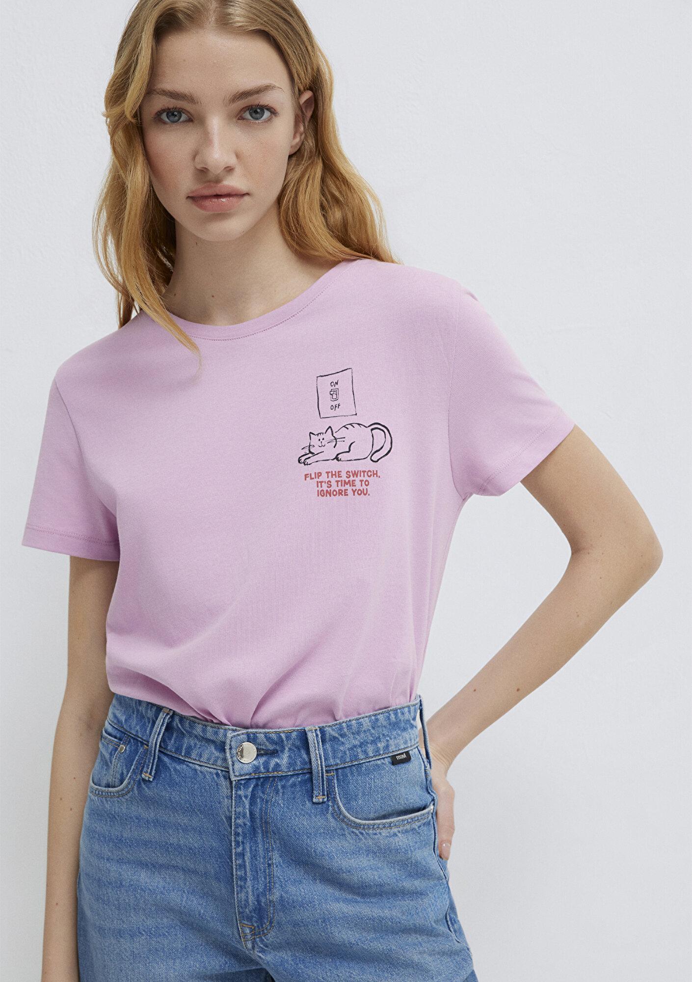 Mavi Kedi Baskılı Pembe Tişört Semi Slim Fit / Yarı Dar Kesim 1613722-71039
